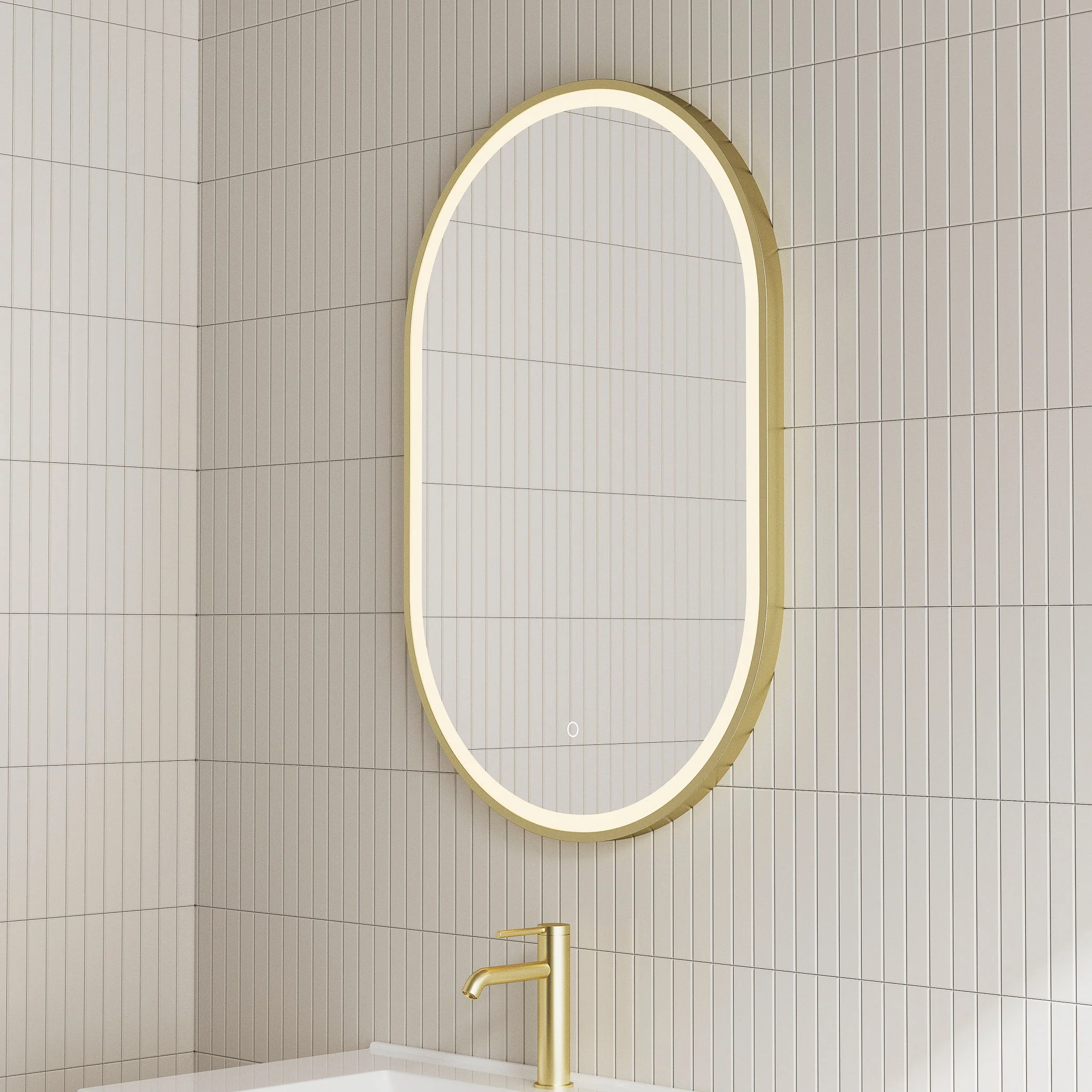 *Clearance* Pill Oval 500mm x 800mm Frontlit LED Framed Mirror with Demister, Brushed Brass (Gold) Frame - Image 5