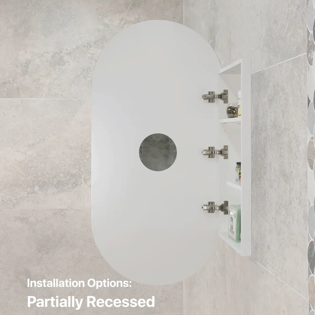 Pill Oval 600mm x 1200mm Mirrored Shaving Cabinet, Matte White - Image 7