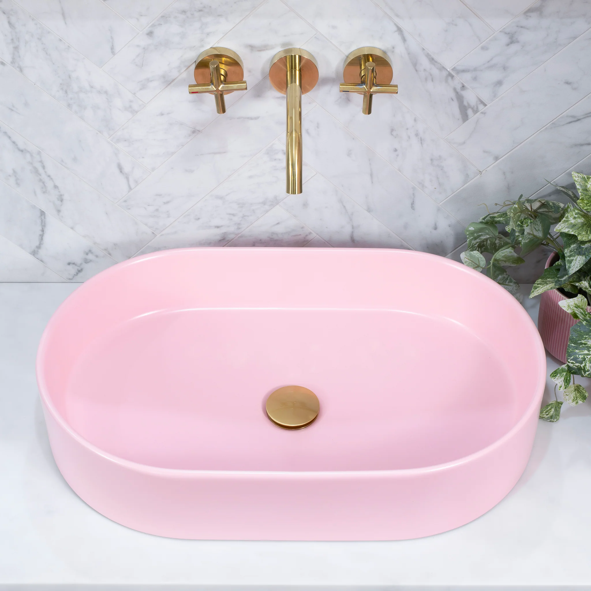 Pill Oval 600mm x 380mm Above-Counter Basin, Matte Pink - Image 3
