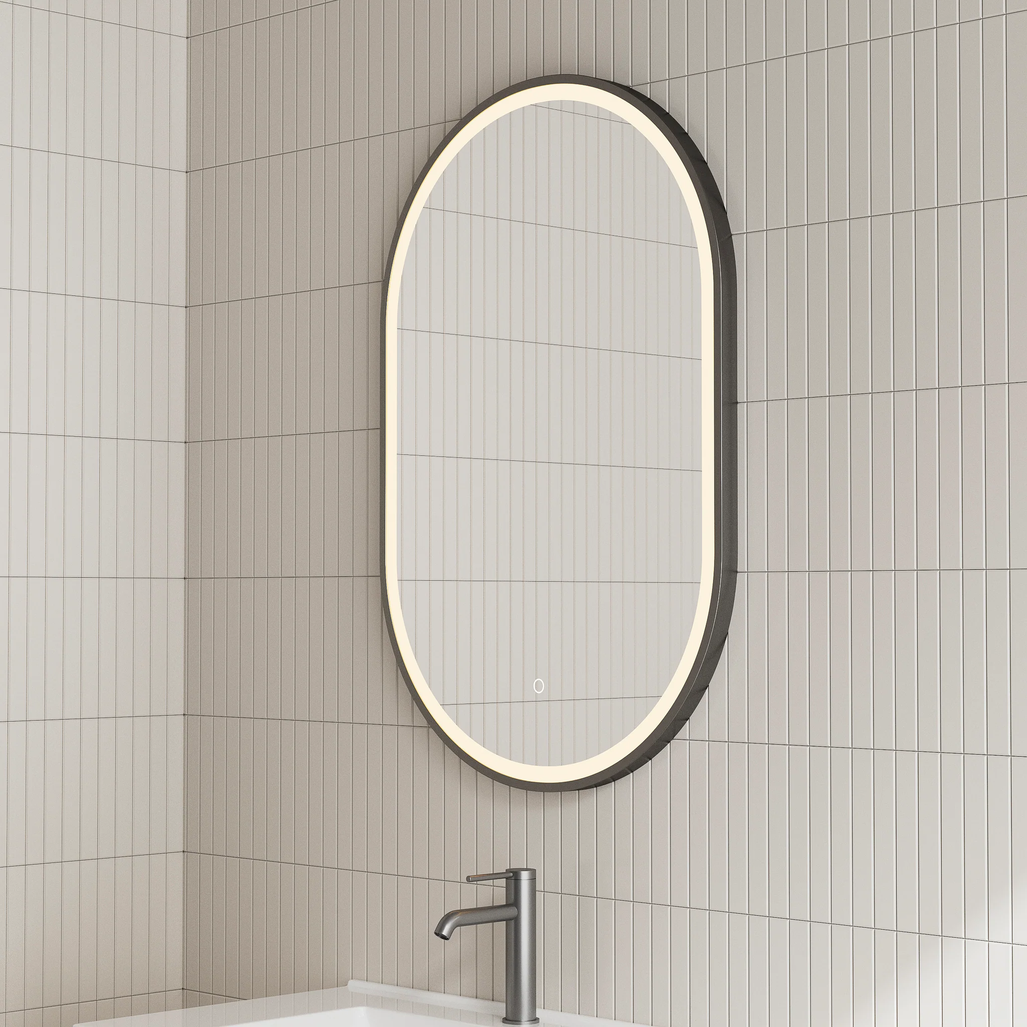 Pill Oval 600mm x 900mm Frontlit LED Framed Mirror with Demister, Matte Black Frame - Image 6