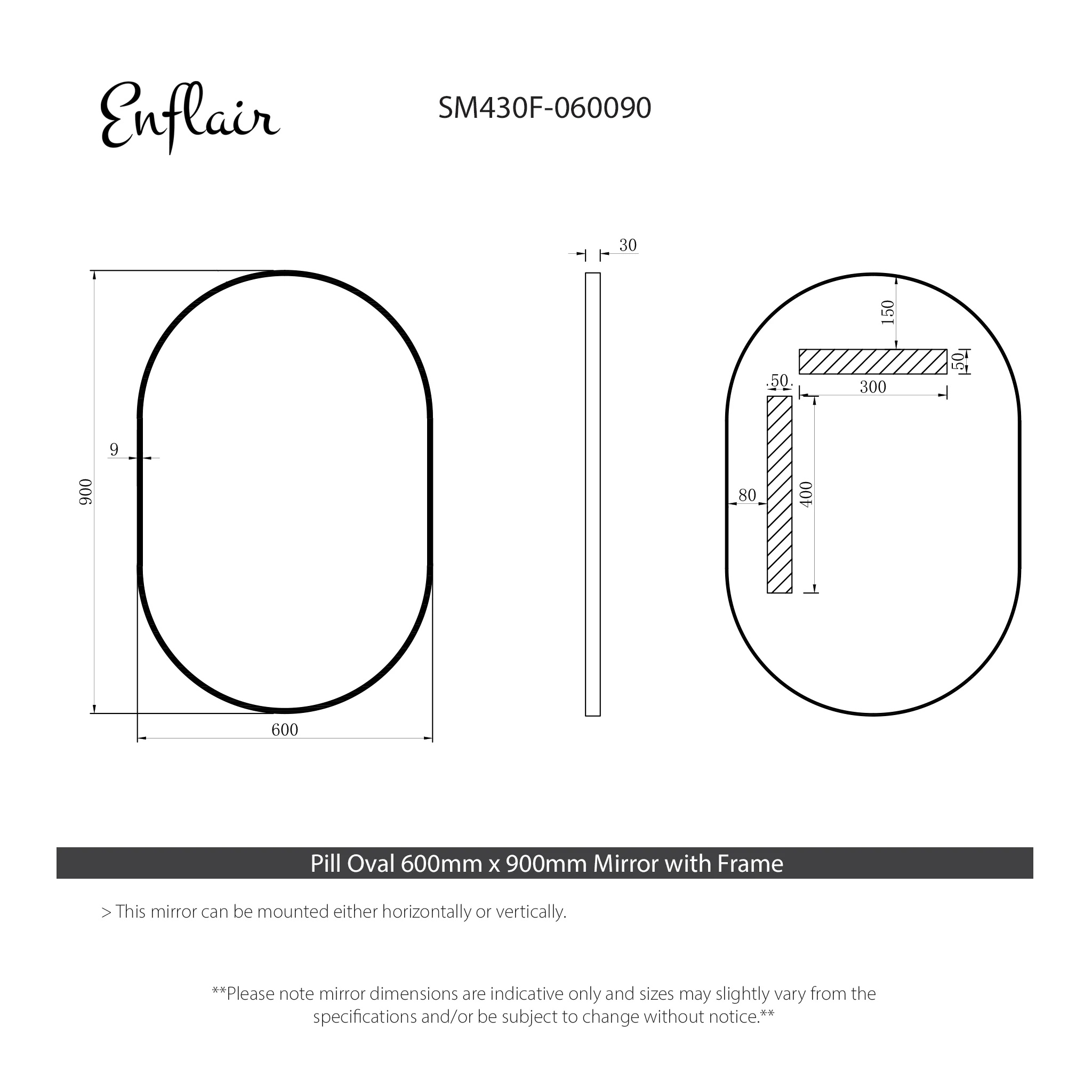 *Clearance* Pill Oval 1500mm x 900mm Framed Mirror, Matte Black Frame - Image 3