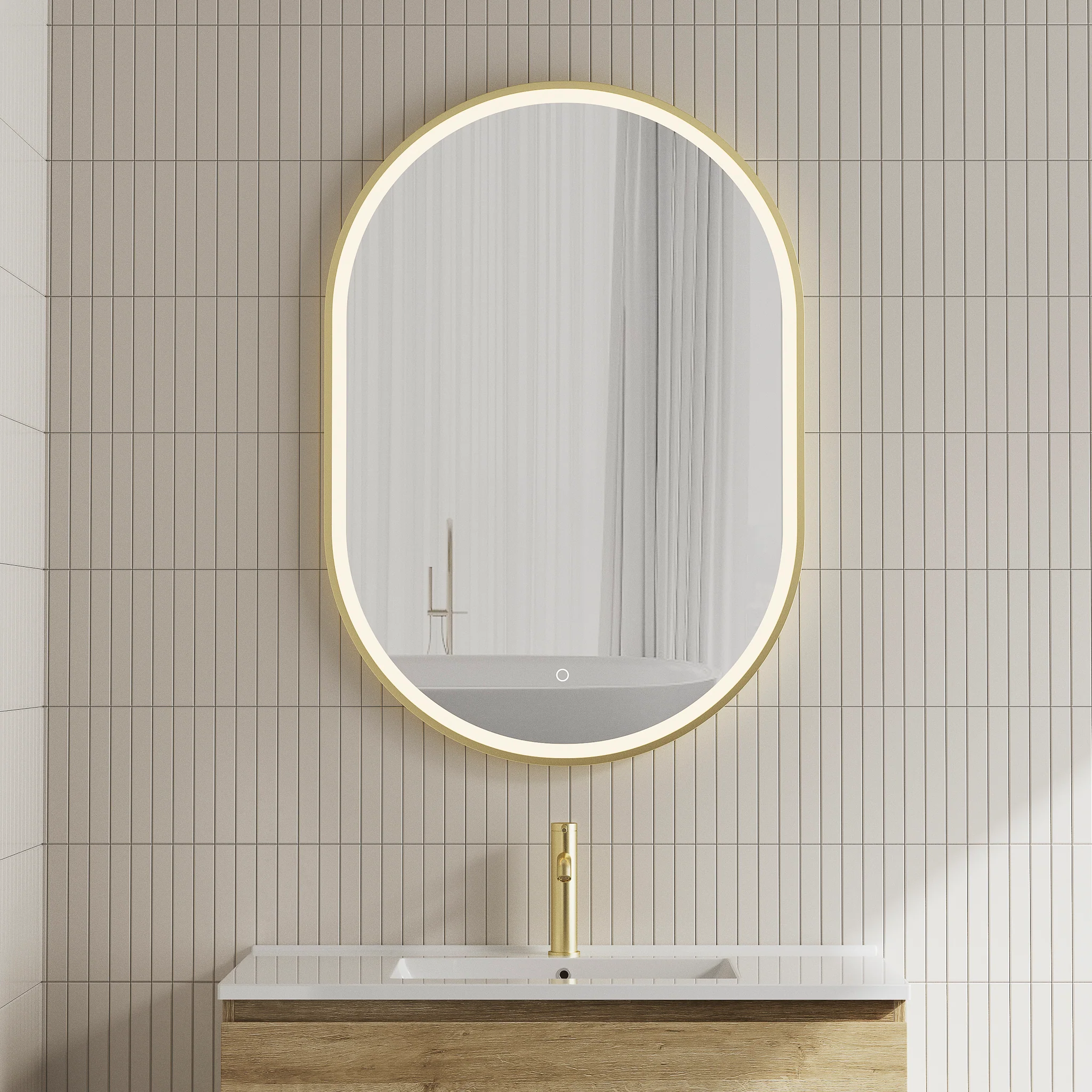 Pill Oval 700mm x 1000mm Frontlit LED Framed Mirror with Demister, Brushed Brass (Gold) Frame
