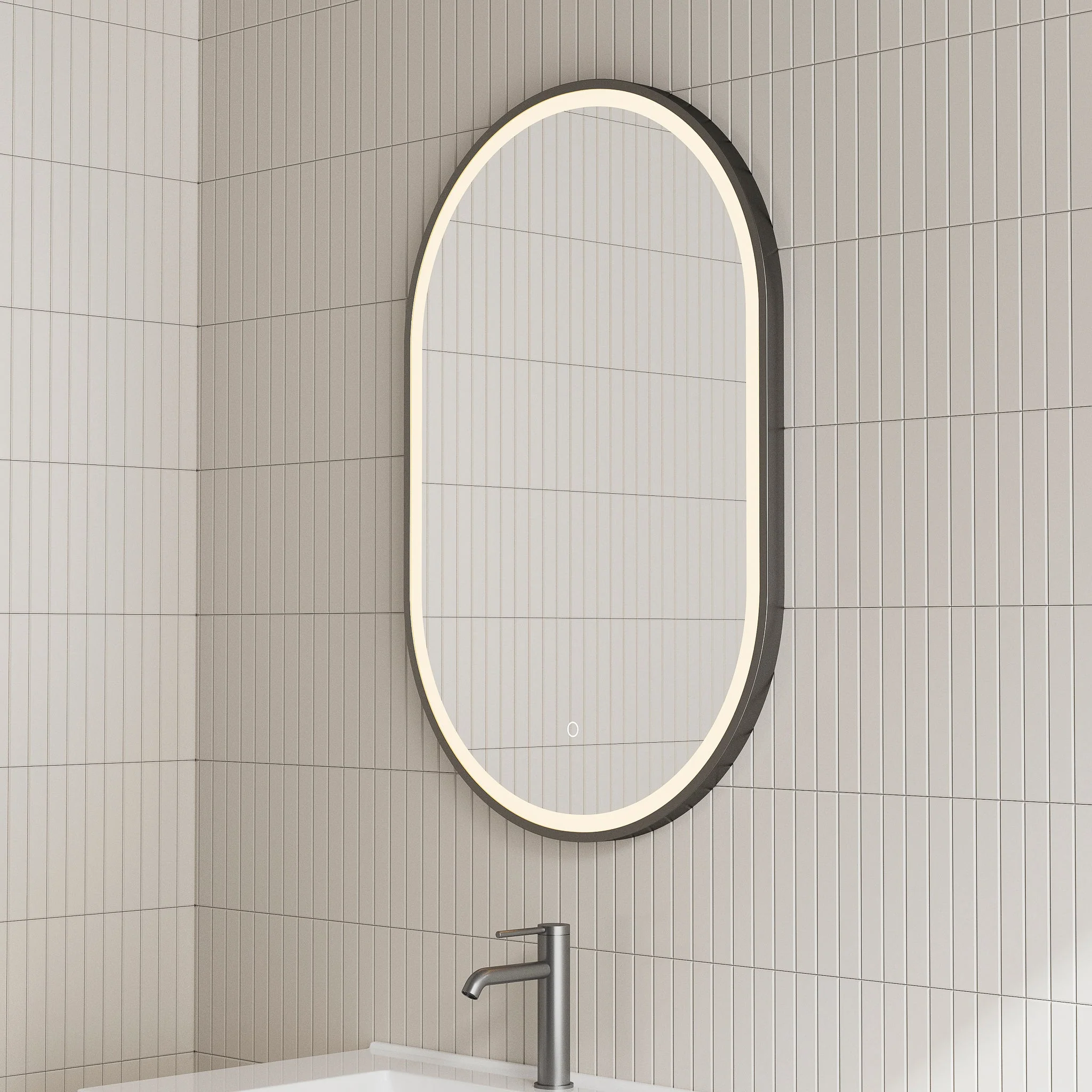 *Clearance* Pill Oval 750mm x 1200mm Frontlit LED Framed Mirror with Demister, Matte Black Frame - Image 5