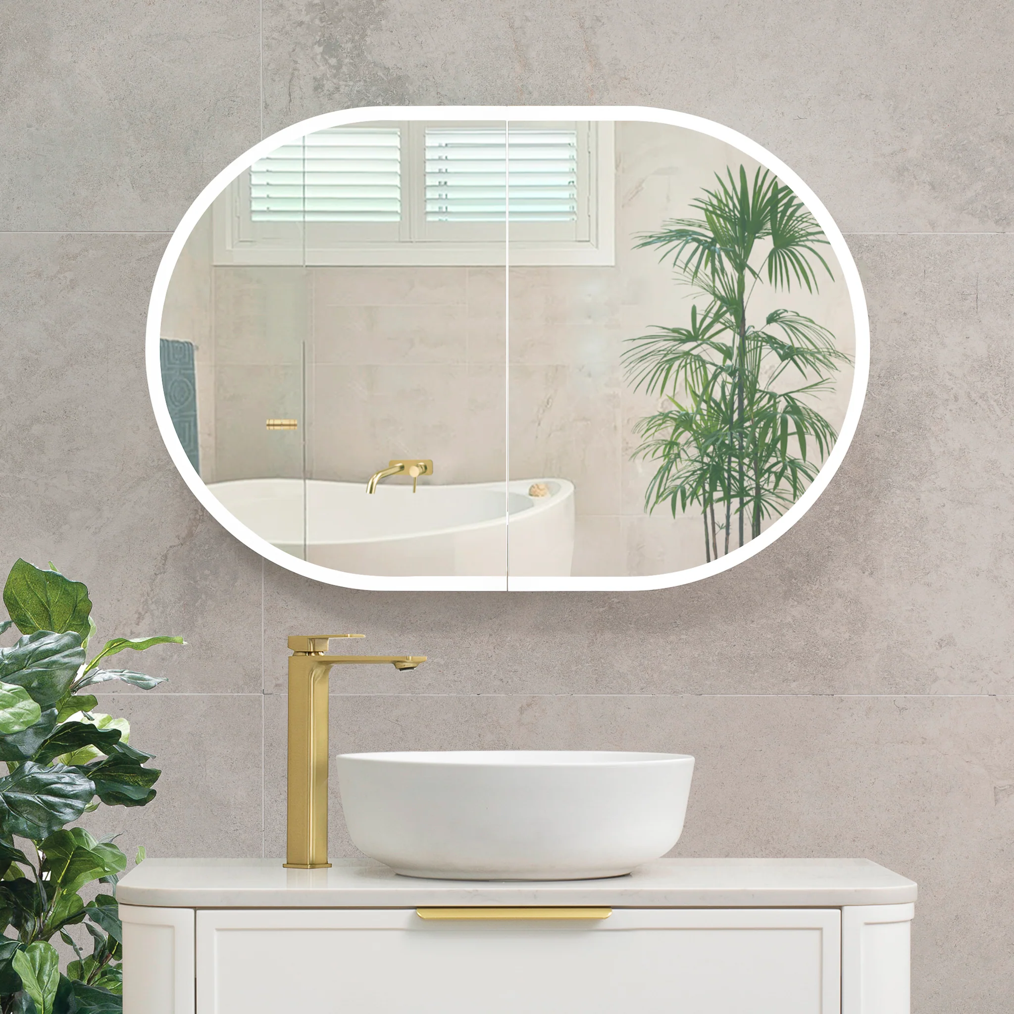 Pill Oval 900mm x 600mm Frontlit LED Mirrored Shaving Cabinet, Matte White - Image 4