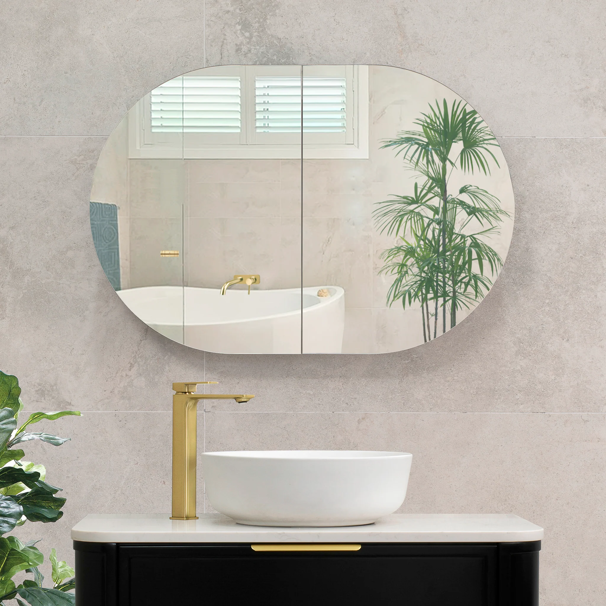 Pill Oval 900mm x 600mm Mirrored Shaving Cabinet, Matte Black - Image 4
