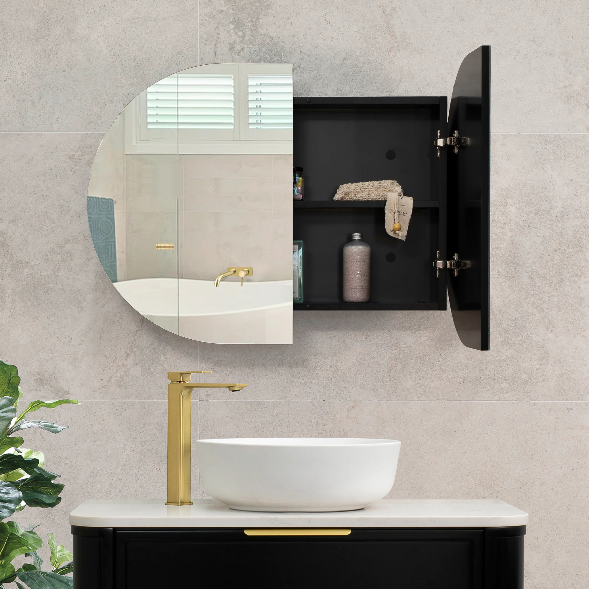 Pill Oval 900mm x 600mm Mirrored Shaving Cabinet, Matte Black - Image 8