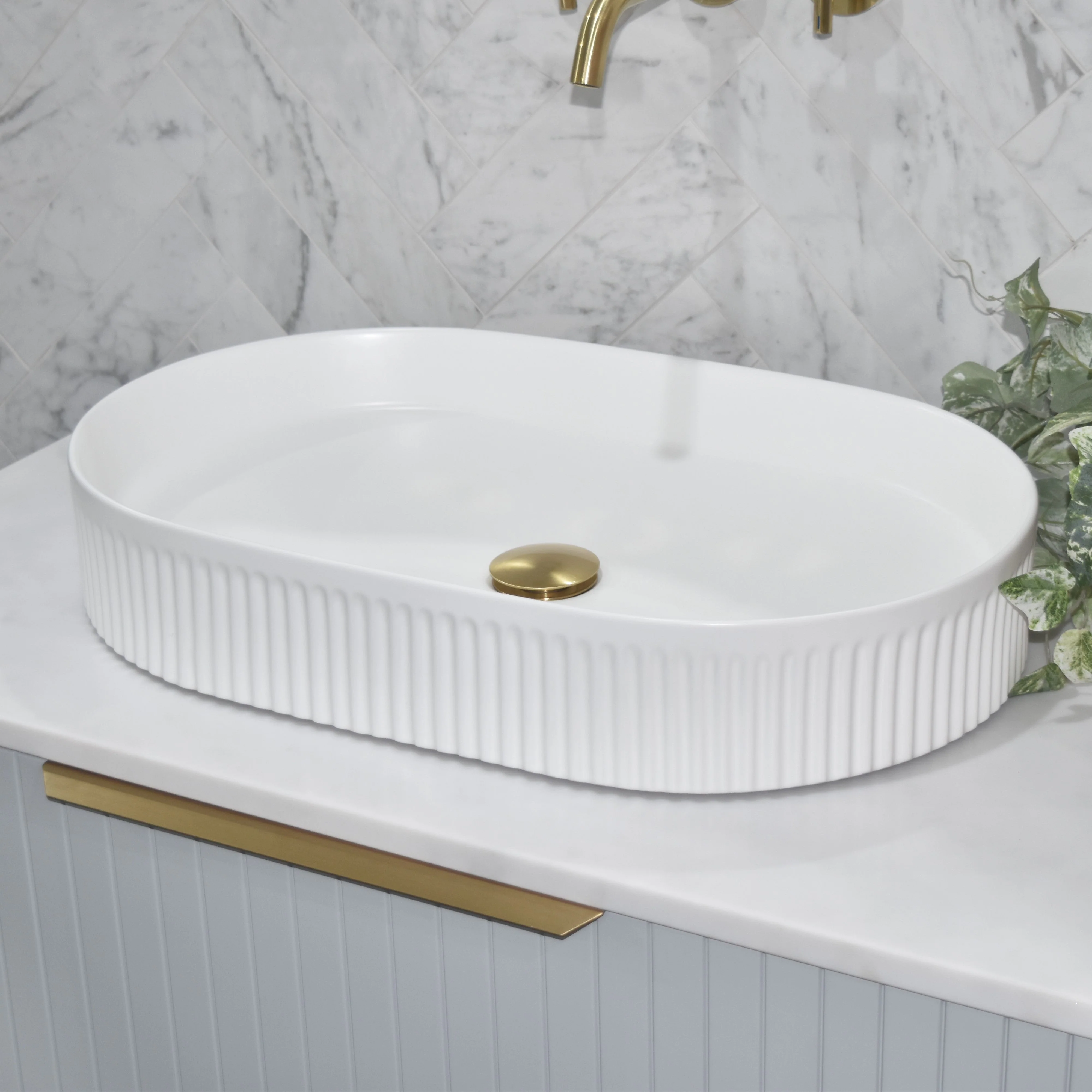 Pill Oval Fluted 580mm x 360mm Above-Counter Basin, Matte White *Clearance Stock*