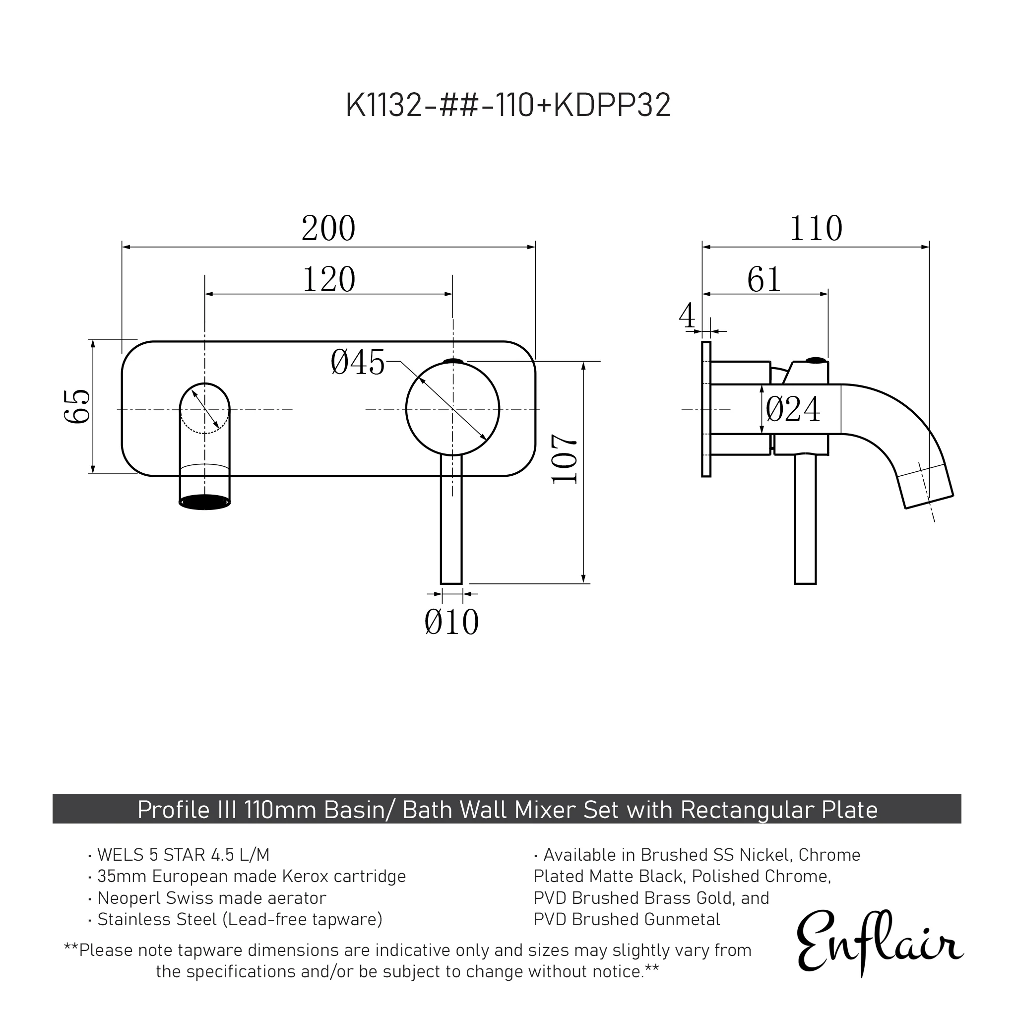 Profile III 110mm Basin/ Bath Wall Mixer Set with Rectangular Plate, Chromium Matte Black - Image 2