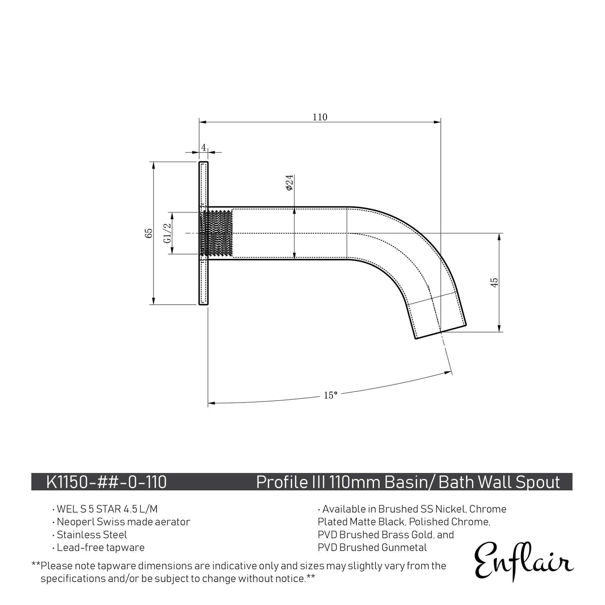 Profile III 110mm Basin/ Bath Wall Spout, PVD Brushed Gunmetal - Image 2