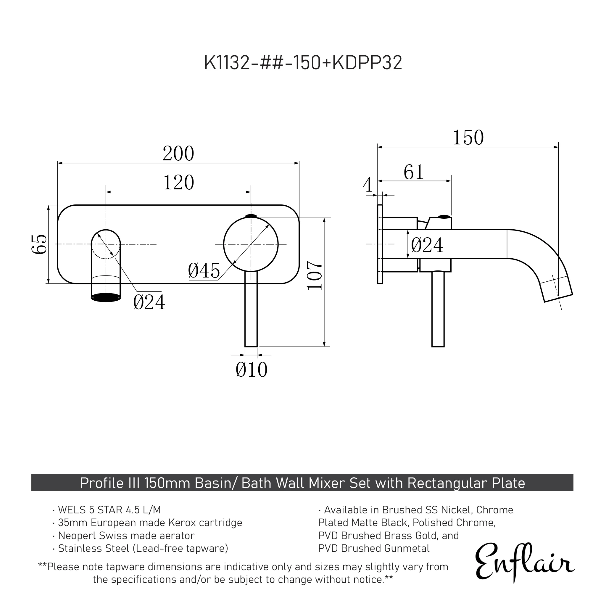 Profile III 150mm Basin/ Bath Wall Mixer Set with Rectangular Plate, Chromium Matte Black - Image 2