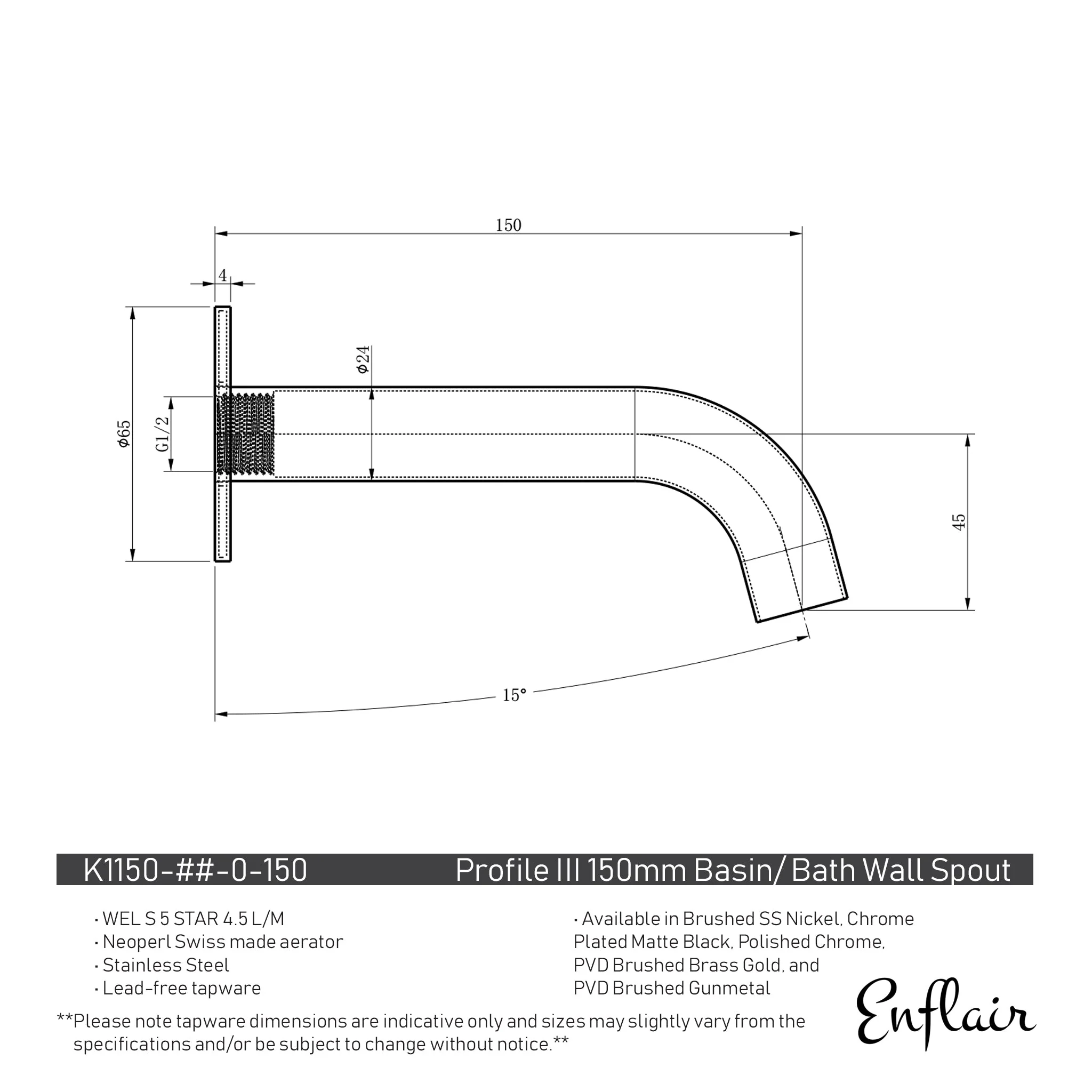 Profile III 150mm Basin/ Bath Wall Spout, PVD Brushed Gunmetal - Image 2