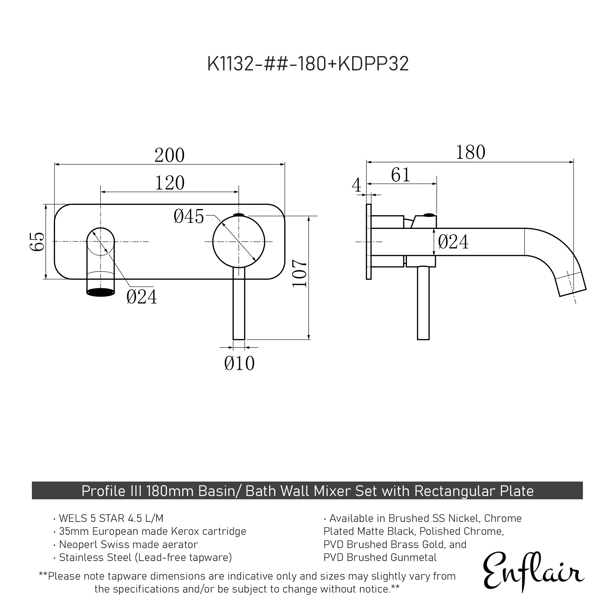 Profile III 180mm Basin/ Bath Wall Mixer Set with Rectangular Plate, Polished Chrome - Image 2