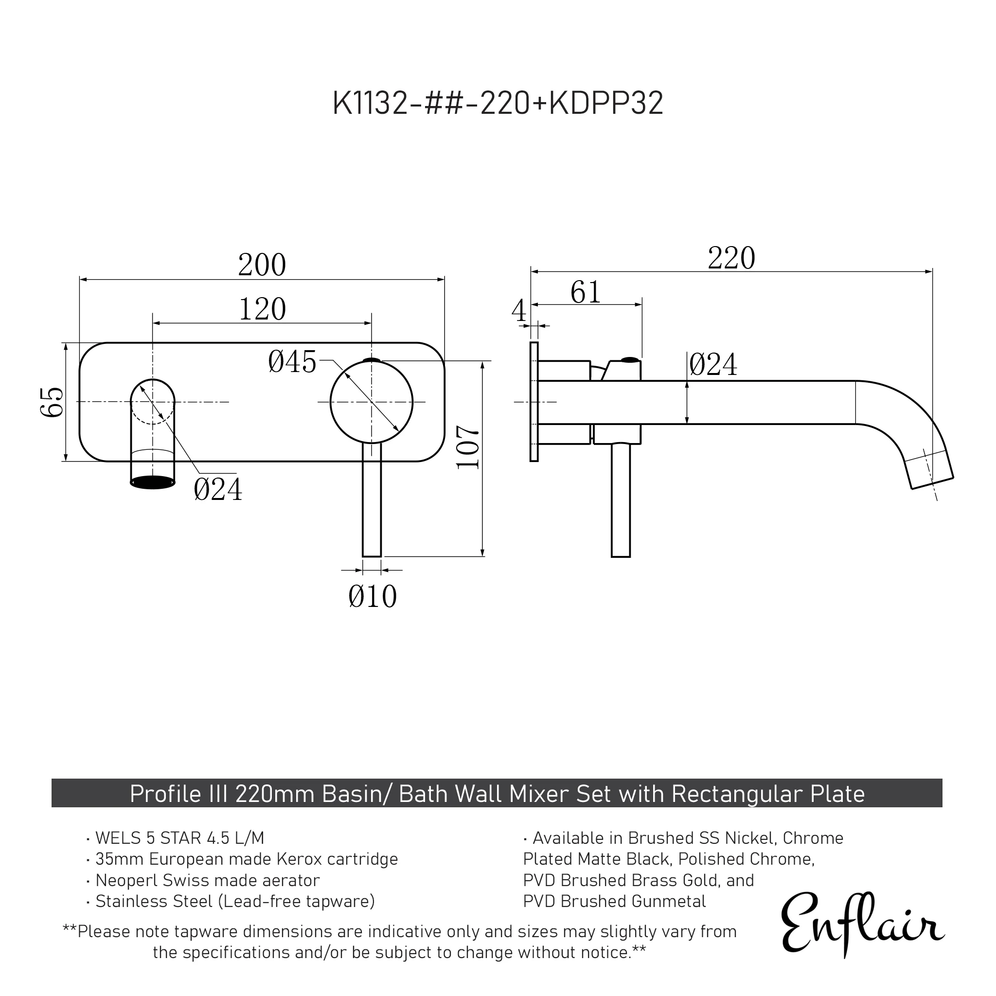 Profile III 220mm Basin/ Bath Wall Mixer Set with Rectangular Plate, Polished Chrome - Image 2