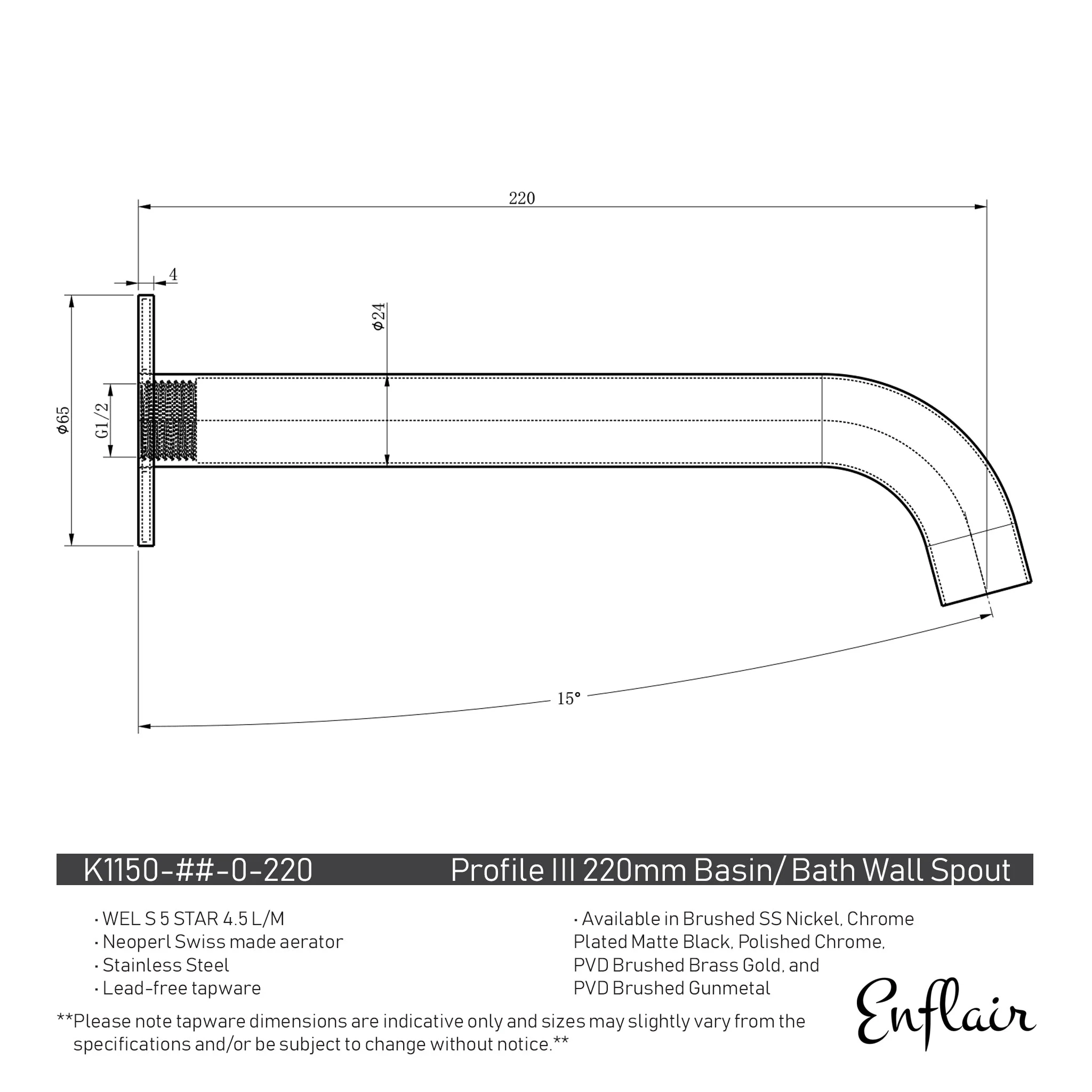 Profile III 220mm Basin/ Bath Wall Spout, PVD Brushed Gunmetal - Image 2