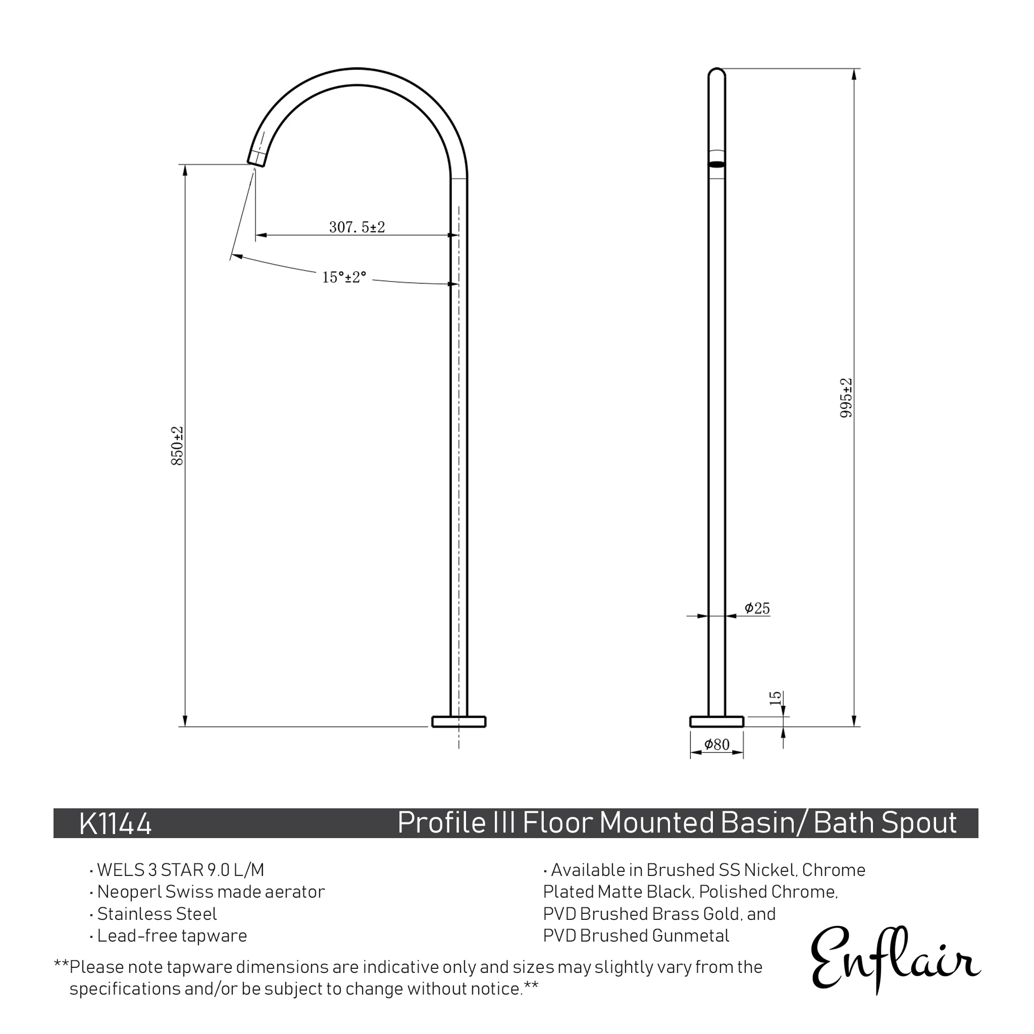 Profile III Floor Mounted Basin/ Bath Spout, Glazed PVD Brushed Brass Gold - Image 2