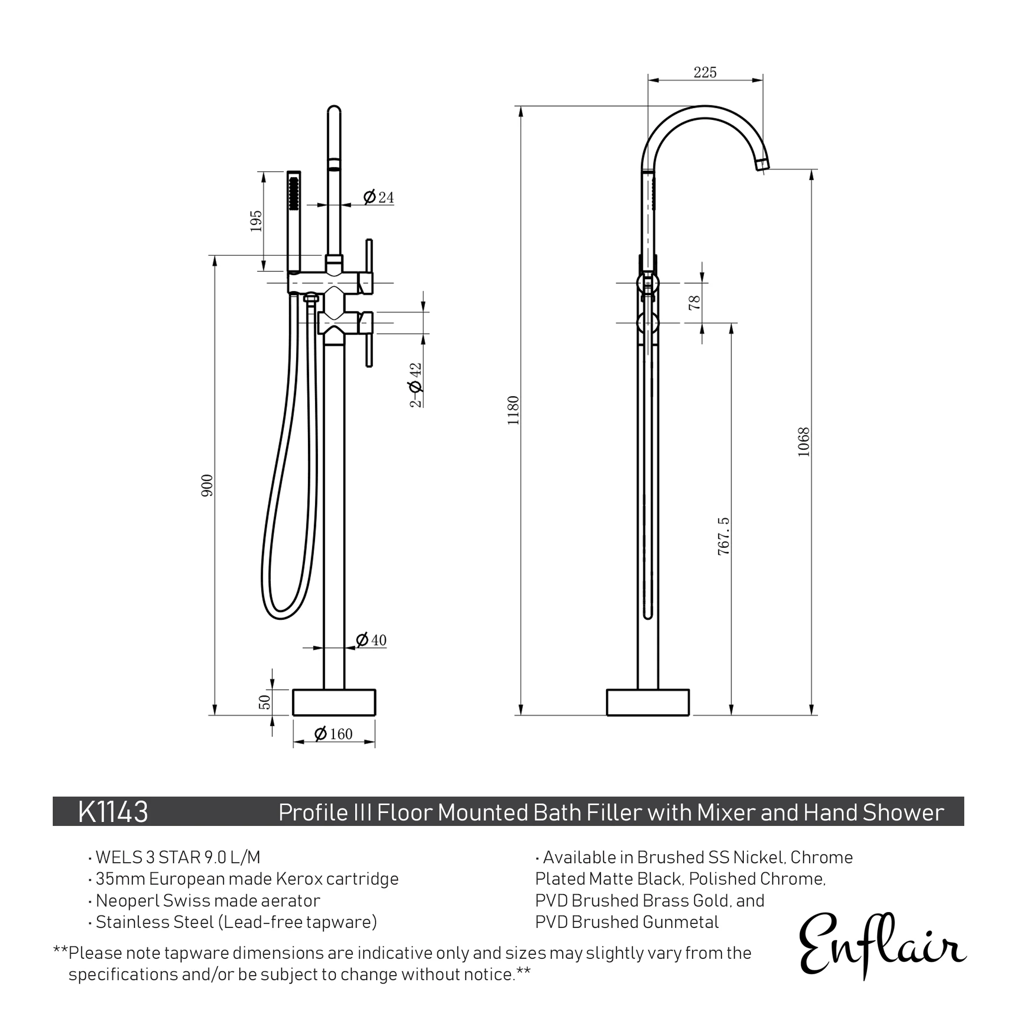 Profile III Floor Mounted Bath Filler with Mixer and Hand Shower, PVD Brushed Brass Gold - Image 3