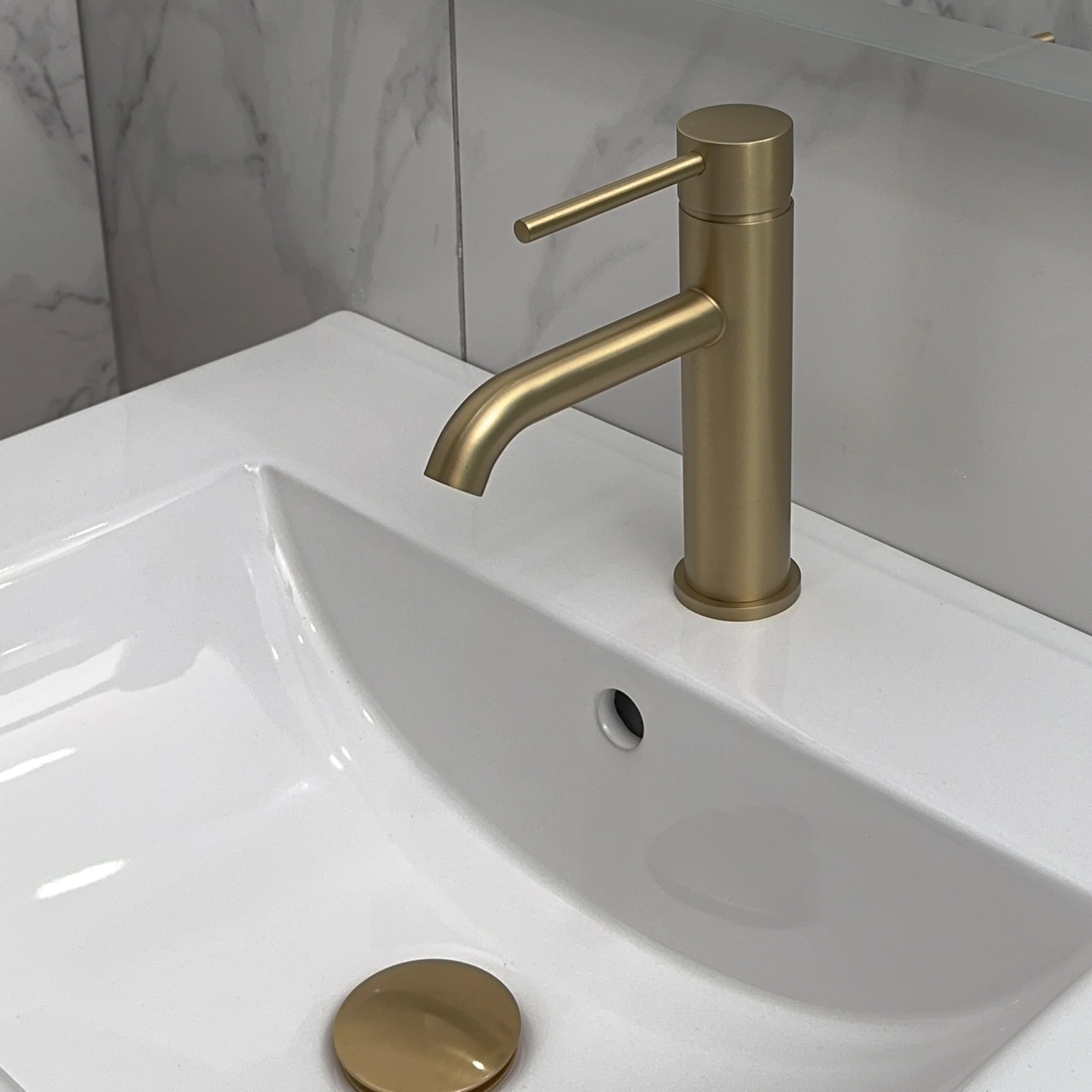 Profile III Short Basin Mixer, PVD Brushed Brass Gold - Image 3