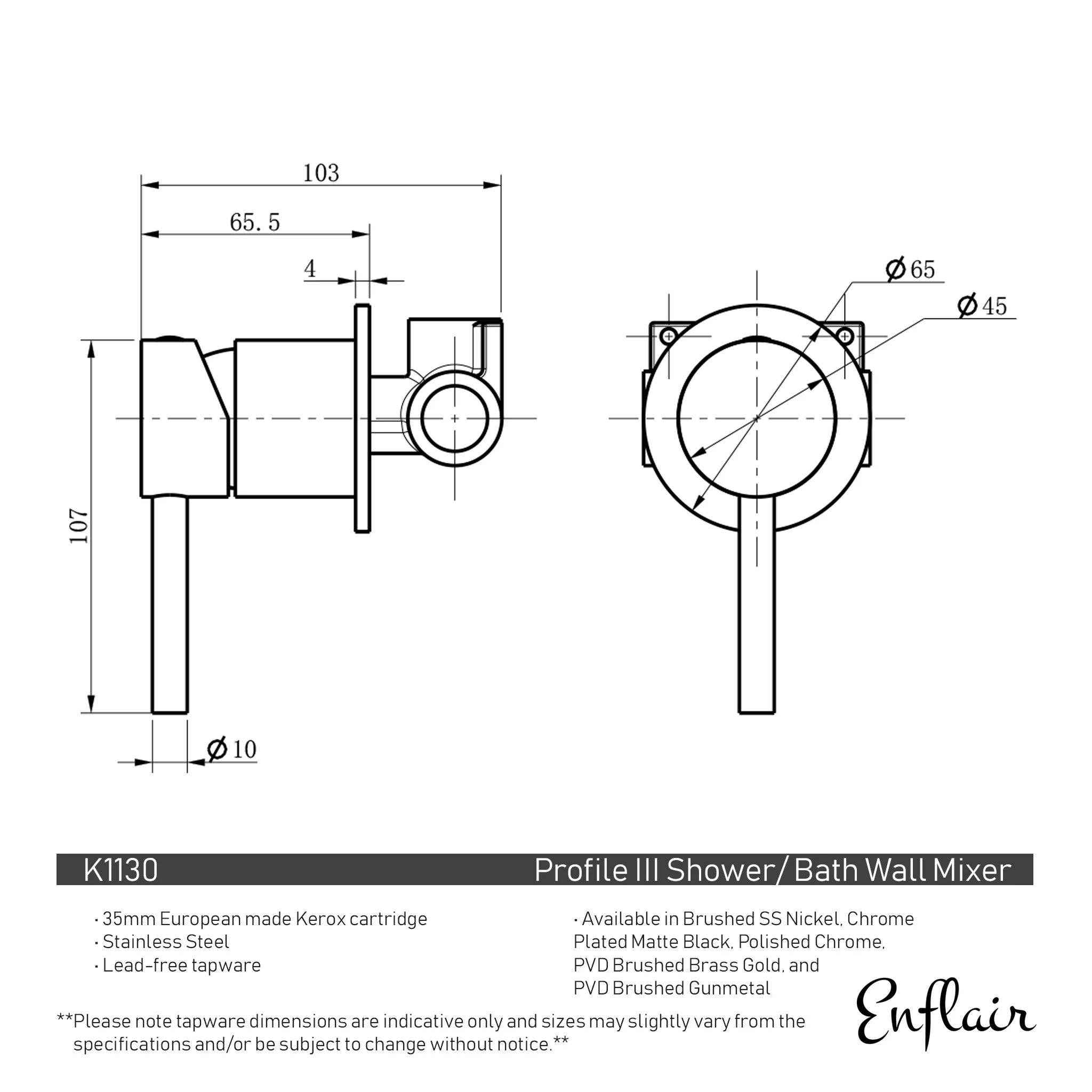 Profile III Shower/ Bath Wall Mixer with 65mm Round Plate, PVD Brushed Brass Gold - Image 2