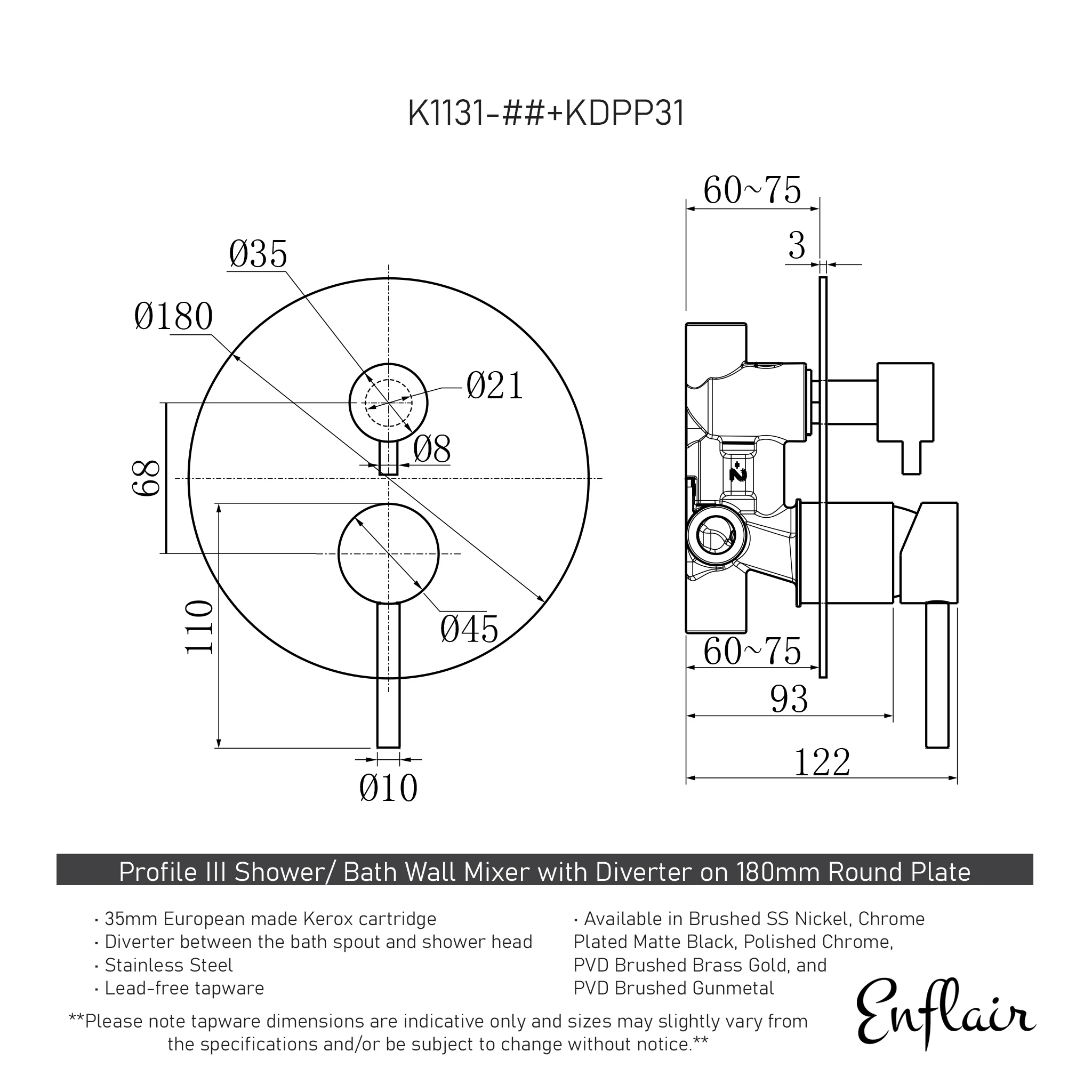 Profile III Shower/ Bath Wall Mixer with Diverter on 180mm Round Plate, Brushed SS Nickel - Image 2