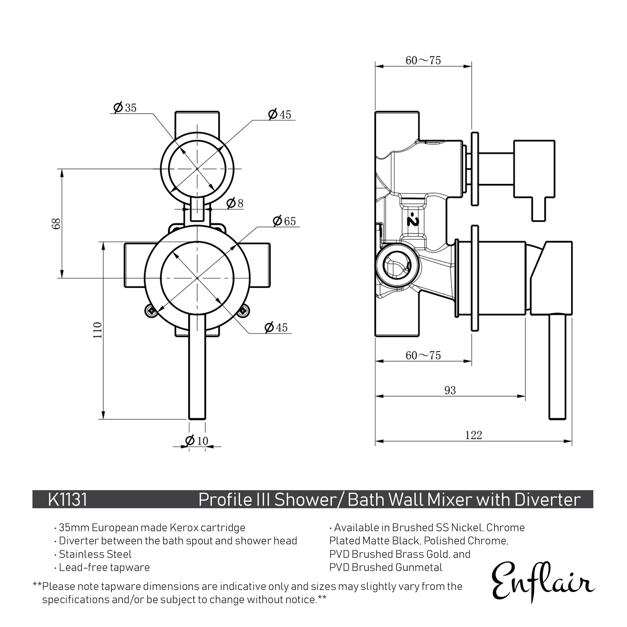 Profile III Shower/ Bath Wall Mixer with Diverter, PVD Brushed Brass Gold - Image 2