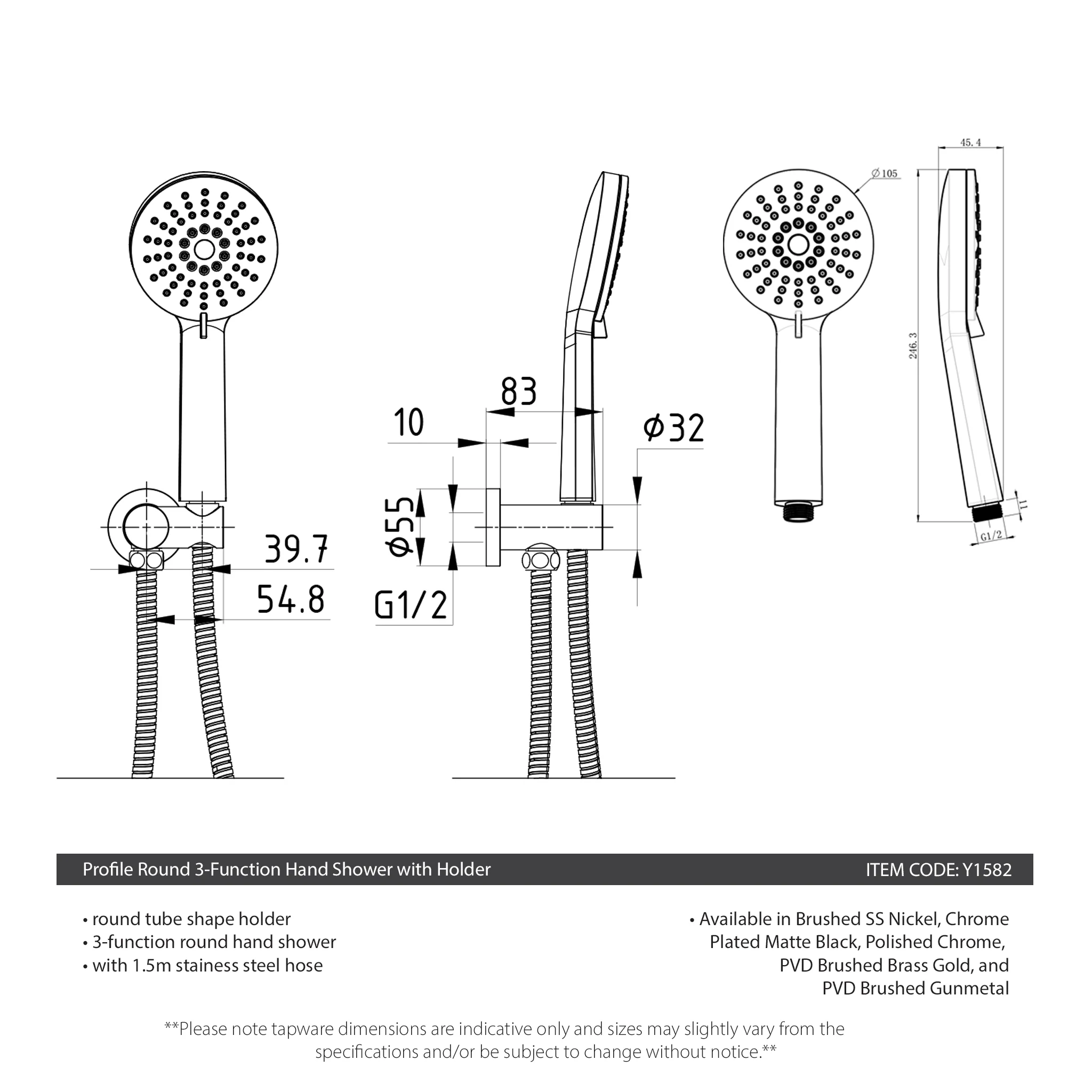 Profile Round 3-Function Hand Shower with Holder, Brushed Brass - Image 5