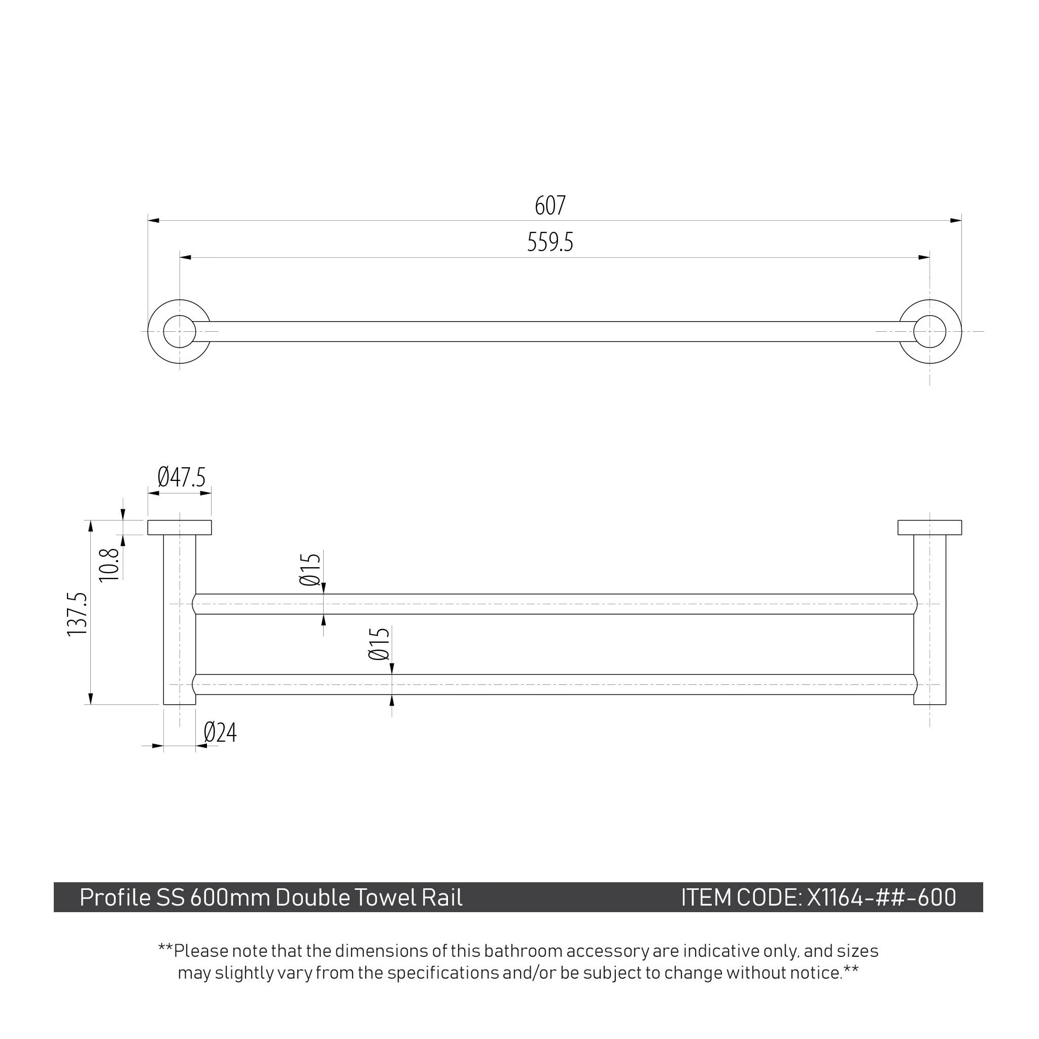 Profile SS 600mm Double Towel Rail, PVD Brushed Brass (Gold) - Image 2
