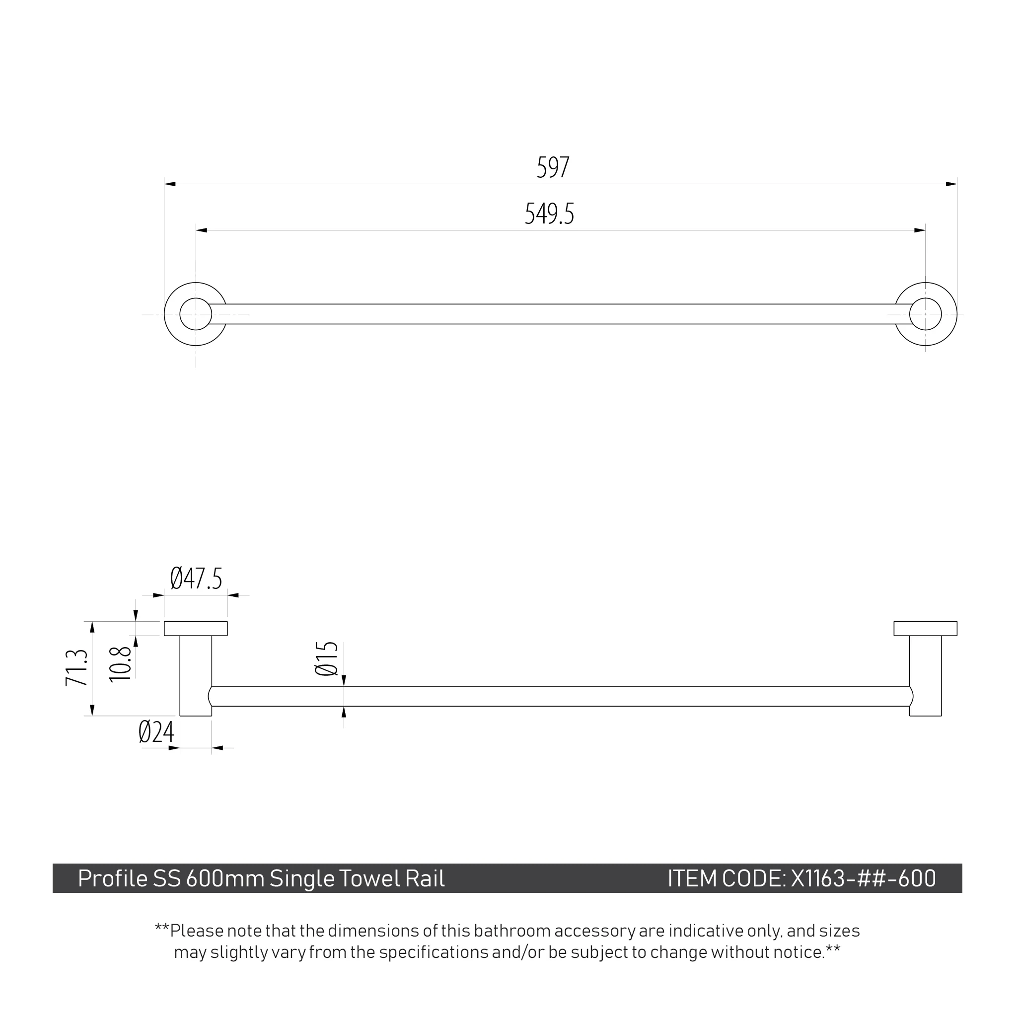 Profile SS 600mm Single Towel Rail, Brushed SS Nickel - Image 2