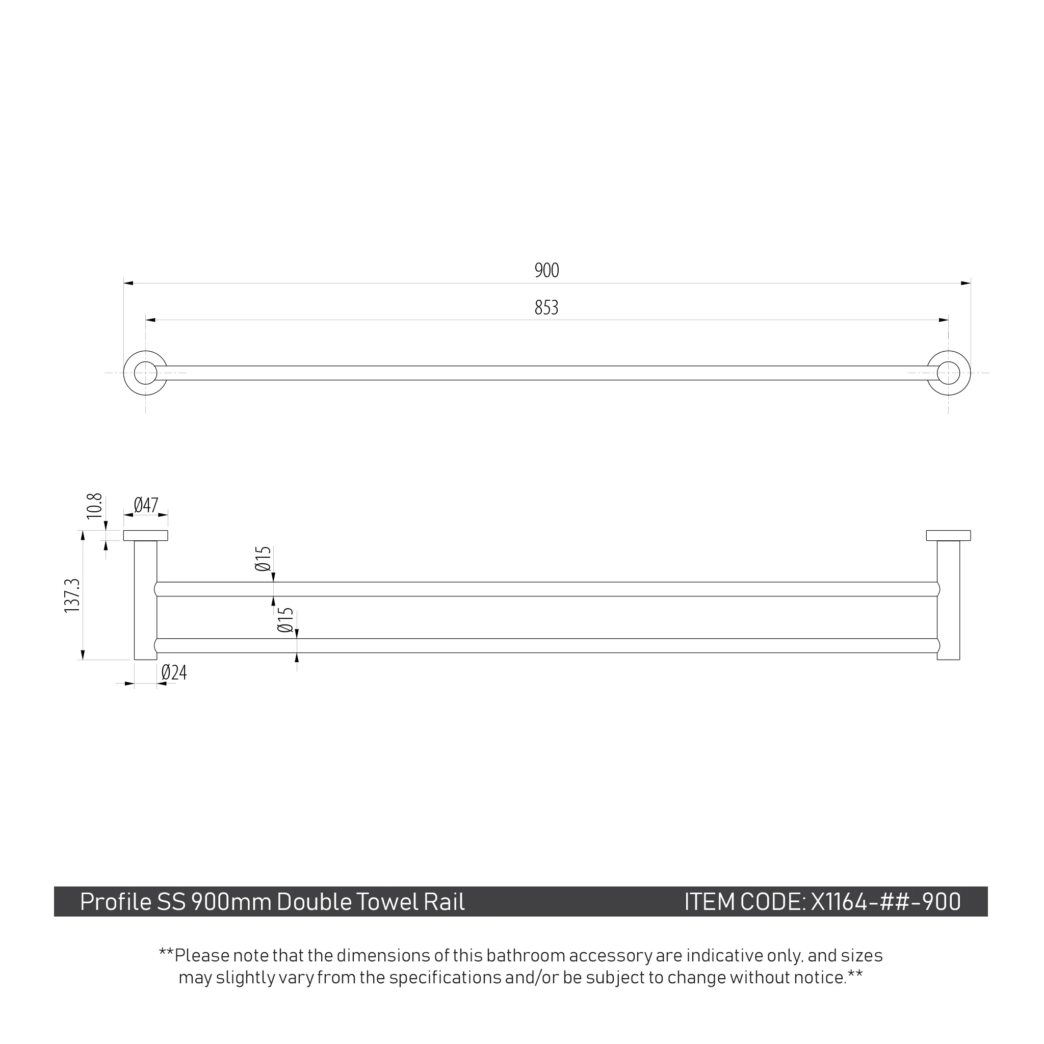 Profile SS 900mm Double Towel Rail, PVD Brushed Brass (Gold) - Image 2