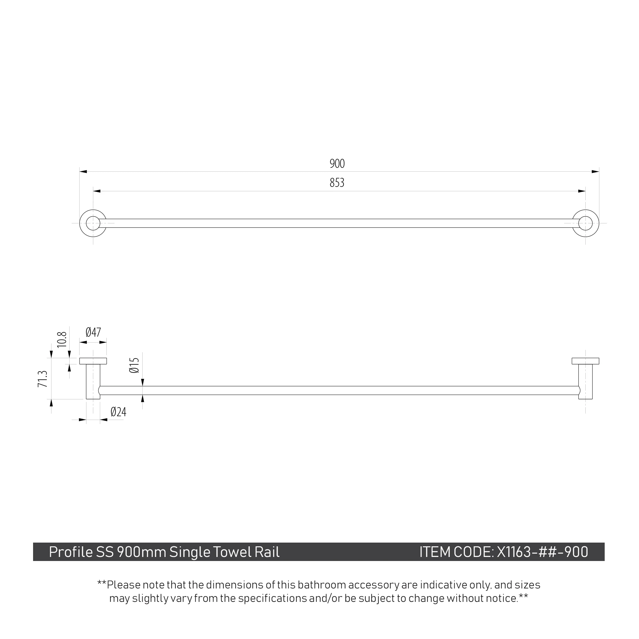 Profile SS 900mm Single Towel Rail, PVD Brushed Brass (Gold) - Image 2