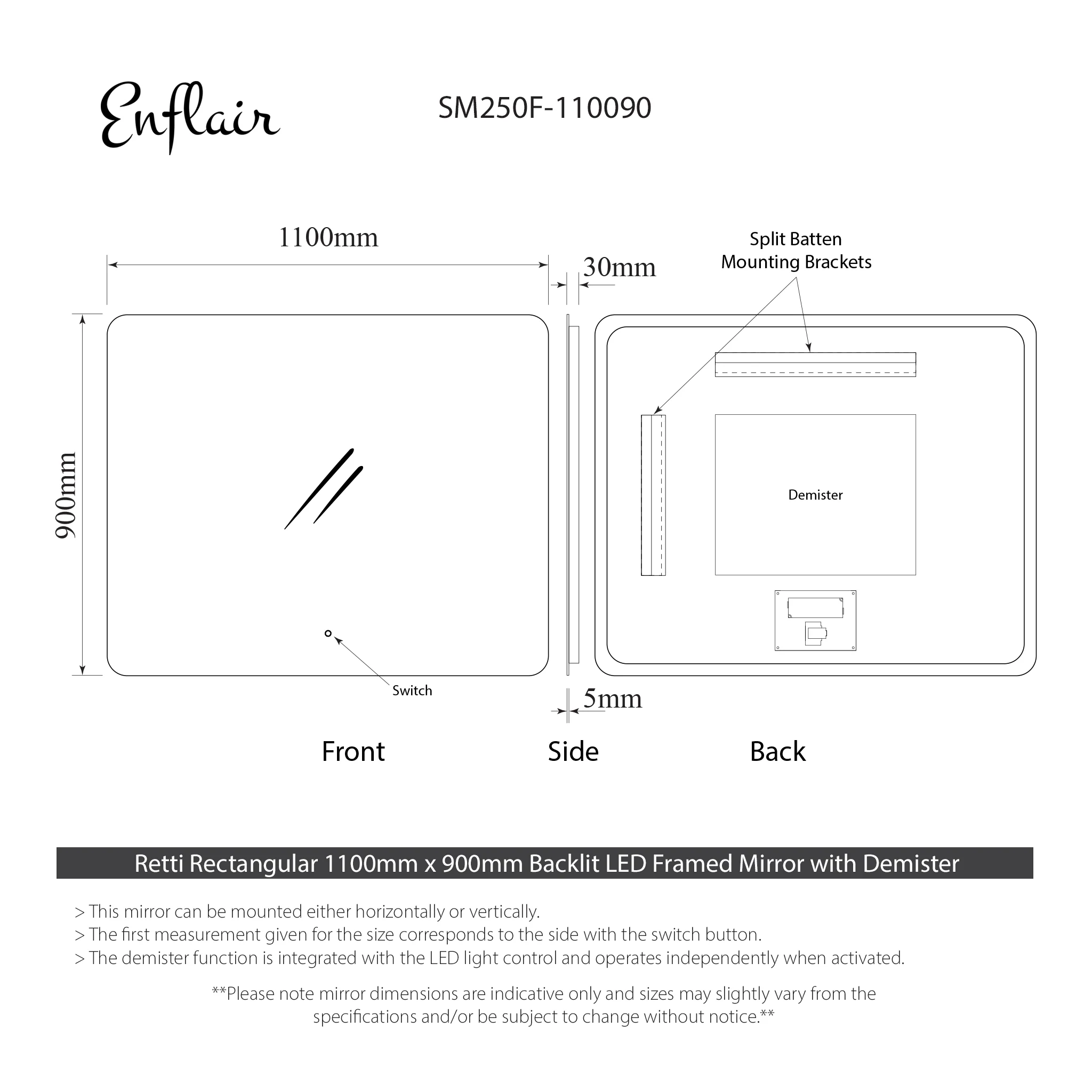 Retti Rectangular 1100mm x 900mm Backlit LED Frameless Mirror with Polished Edge, Rounded Corners and Demister - Image 3