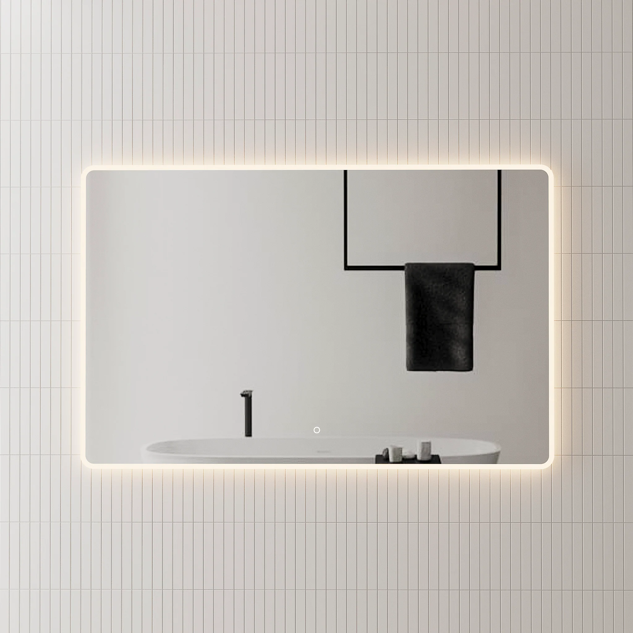 Retti Rectangular 1400mm x 900mm Frontlit and Backlit LED Frameless Mirror with Frosted Glass Border and Demister - Image 2