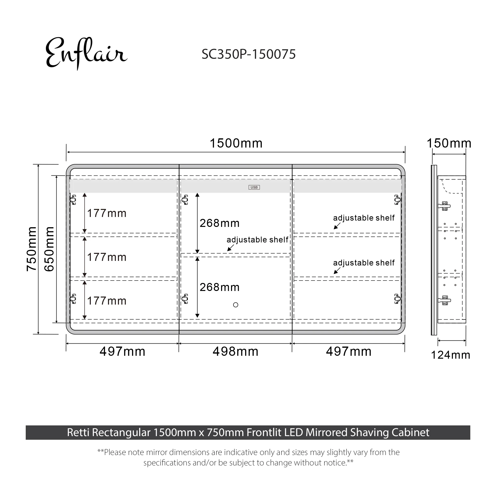 Retti Rectangular 1500mm x 750mm Frontlit LED Mirrored Shaving Cabinet, Matte White - Image 15