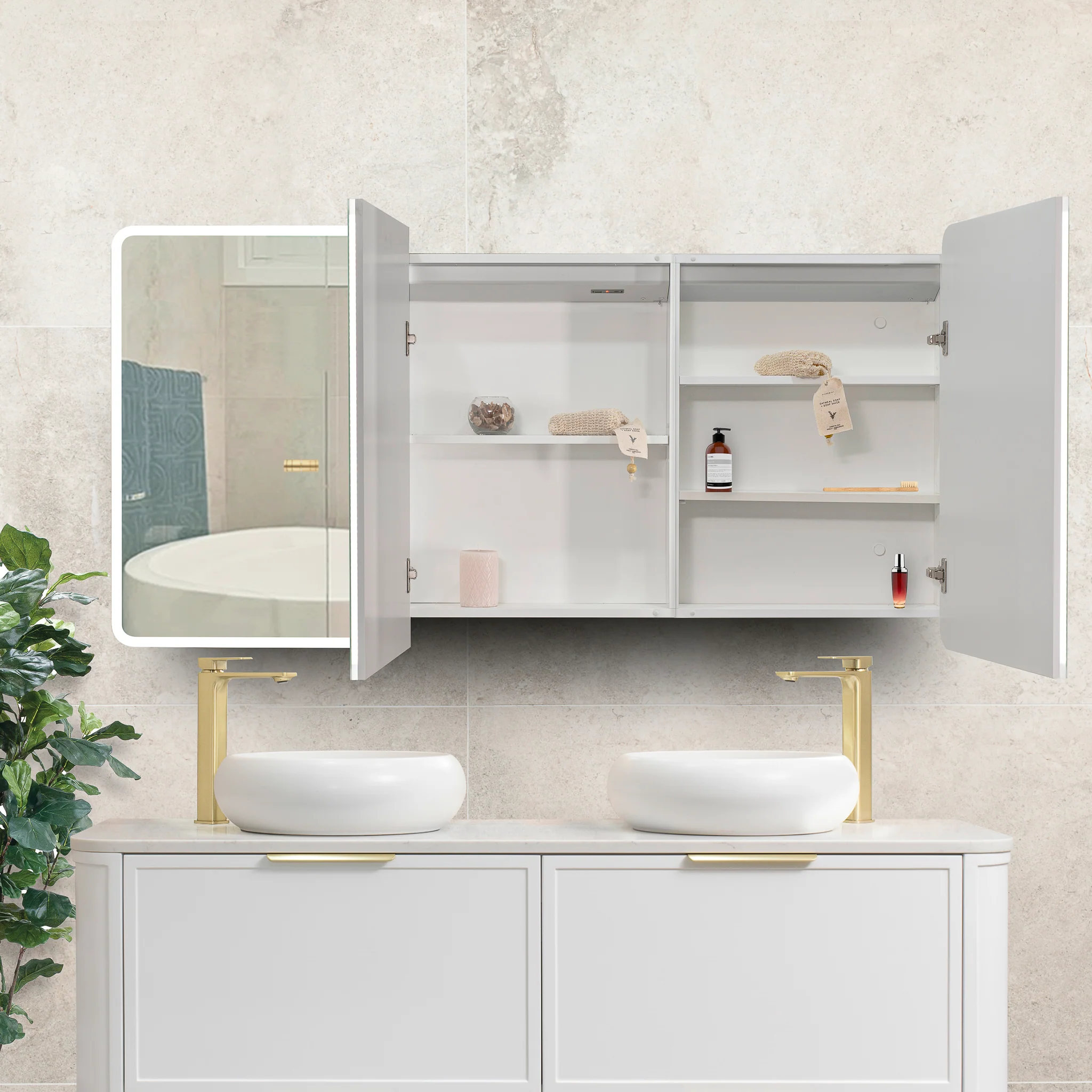 Retti Rectangular 1500mm x 750mm Frontlit LED Mirrored Shaving Cabinet, Matte White - Image 8