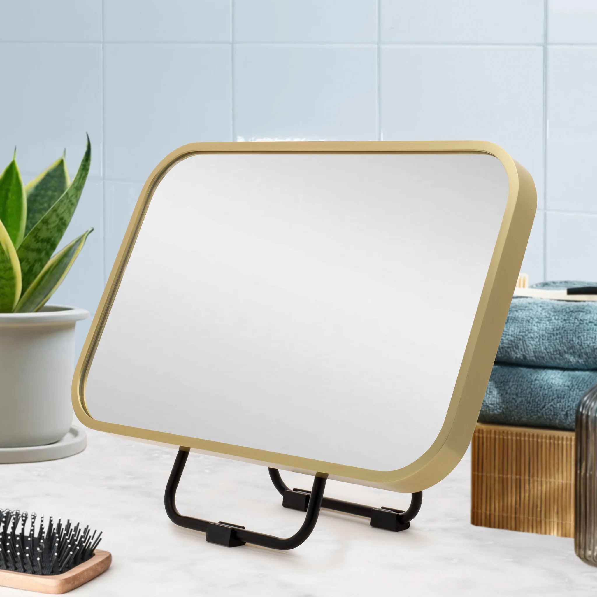 Retti Rectangular 280mm x 440mm Desk Mirror with Brushed Brass (Gold) Frame - Image 2