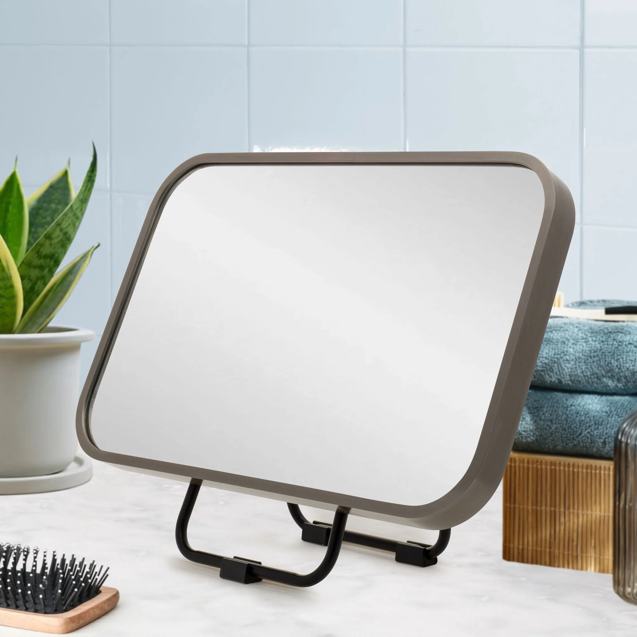 Retti Rectangular 280mm x 440mm Desk Mirror with Brushed Gunmetal Frame - Image 2