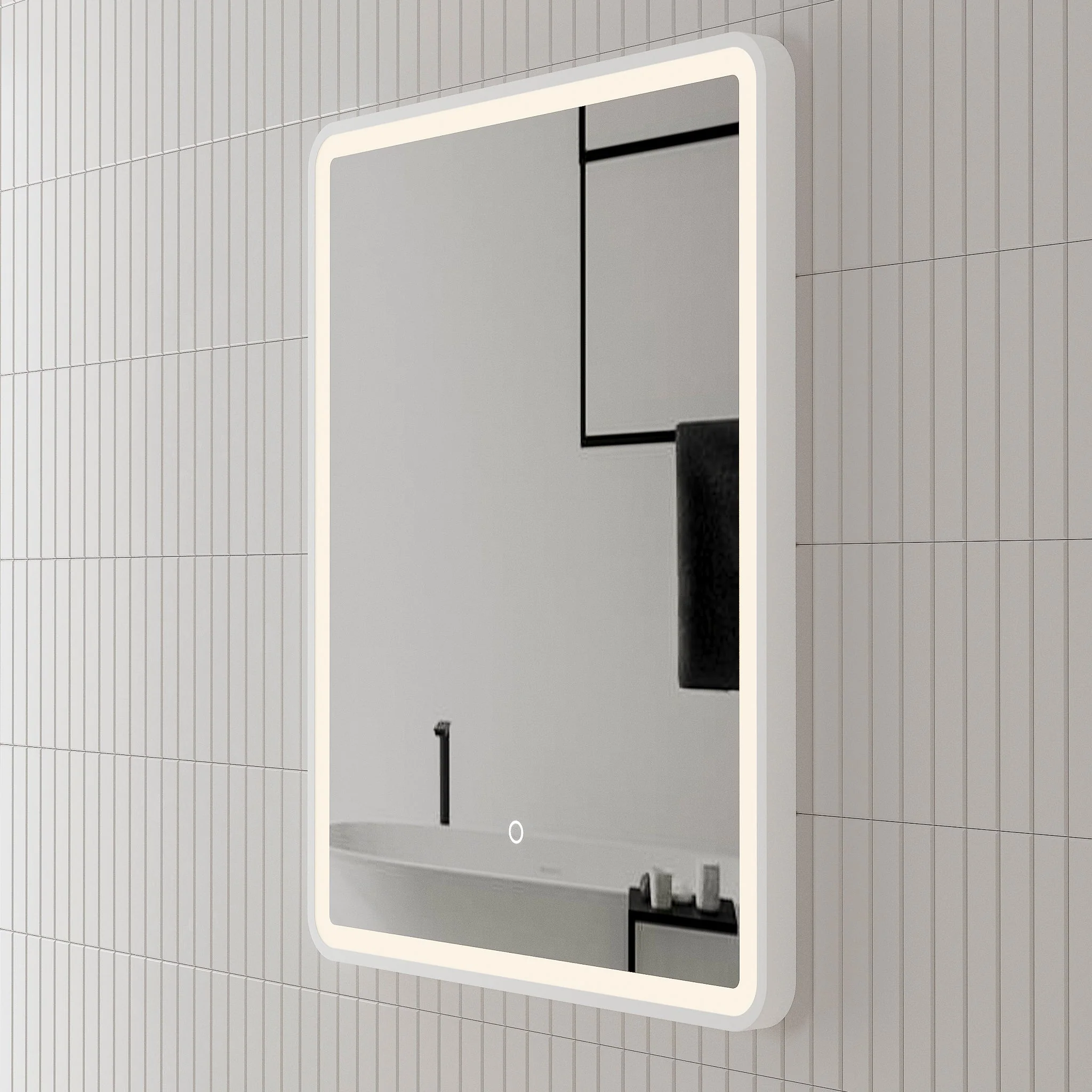 *Clearance* Retti Rectangular 450mm x 750mm Frontlit LED Framed Mirror with Demister, Matte White Frame - Image 7