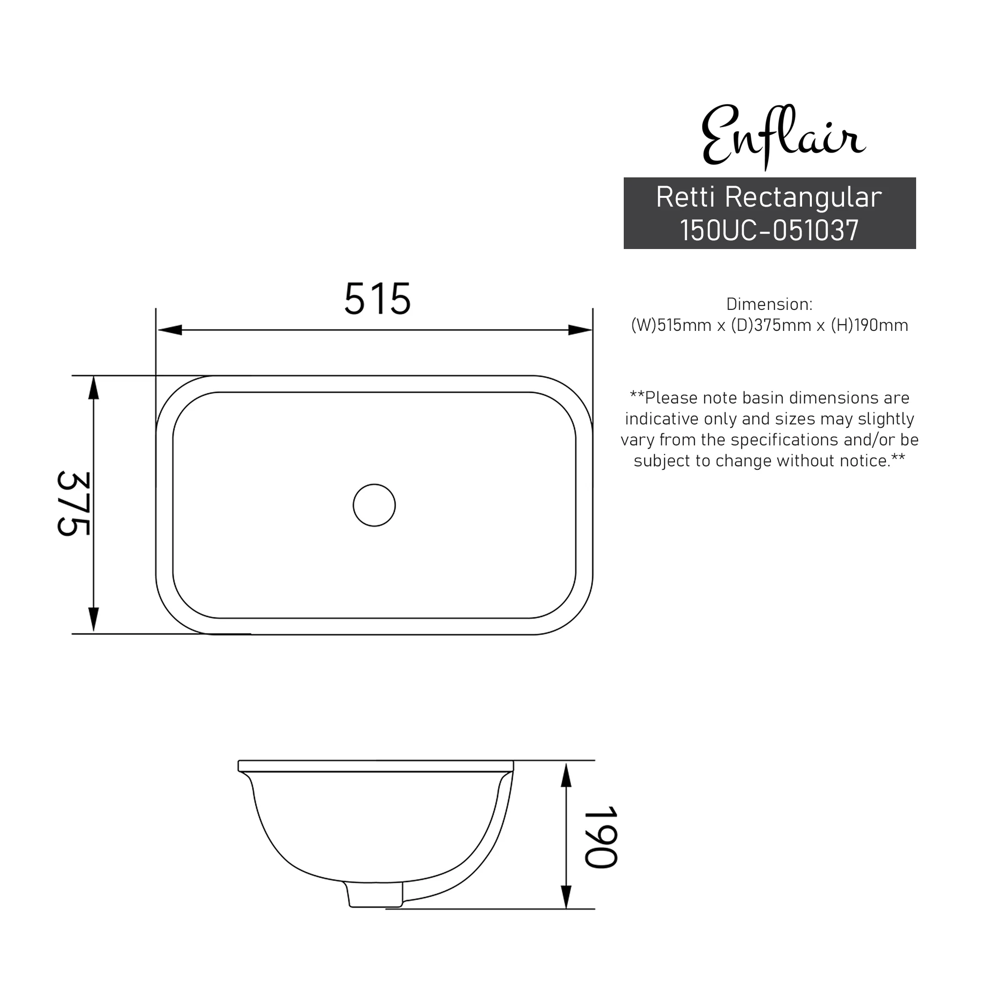 Retti Rectangular 515mm x 375mm Under-Counter Basin with Overflow, Matte Black - Image 9
