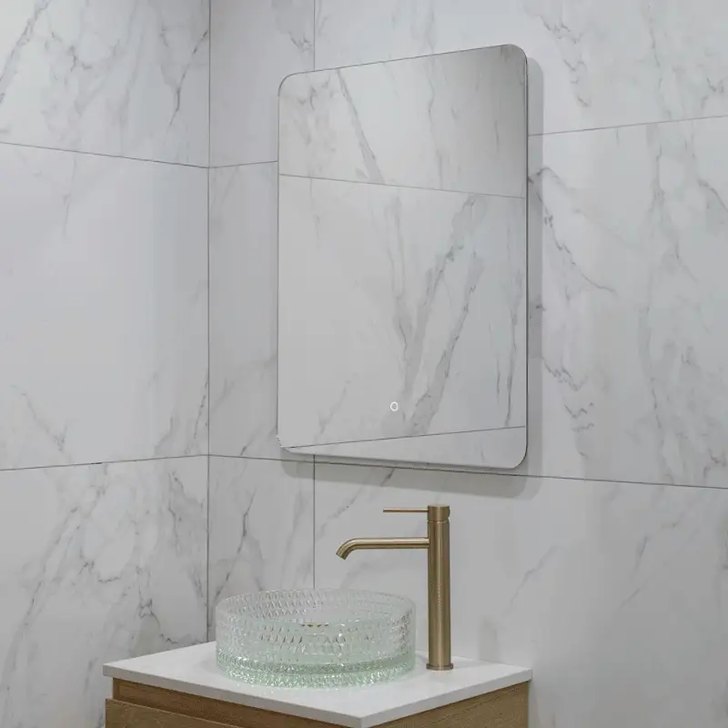 Retti Rectangular 600mm x 750mm Backlit LED Frameless Mirror with Polished Edge, Rounded Corners and Demister - Image 10