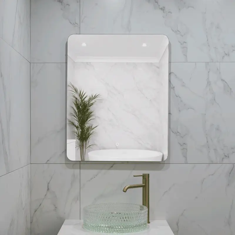 Retti Rectangular 600mm x 750mm Backlit LED Frameless Mirror with Polished Edge, Rounded Corners and Demister - Image 11
