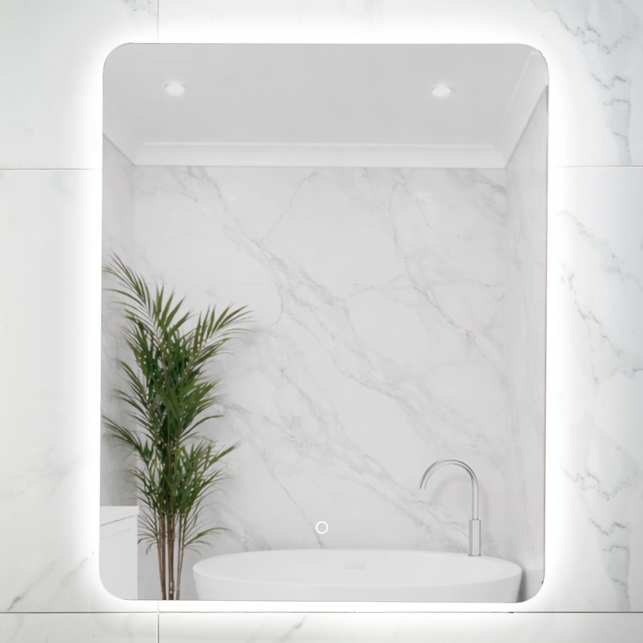 Retti Rectangular 600mm x 750mm Backlit LED Frameless Mirror with Polished Edge, Rounded Corners and Demister - Image 3