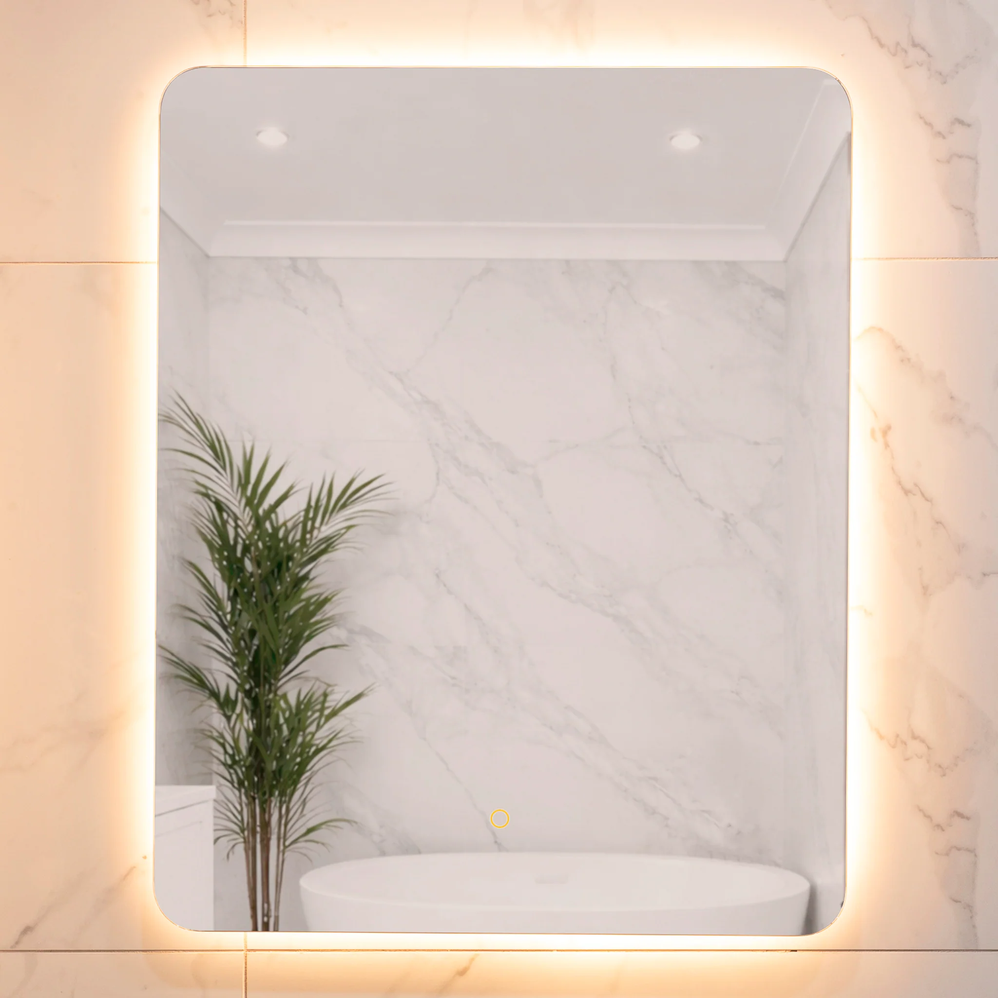 Retti Rectangular 600mm x 750mm Backlit LED Frameless Mirror with Polished Edge, Rounded Corners and Demister - Image 4