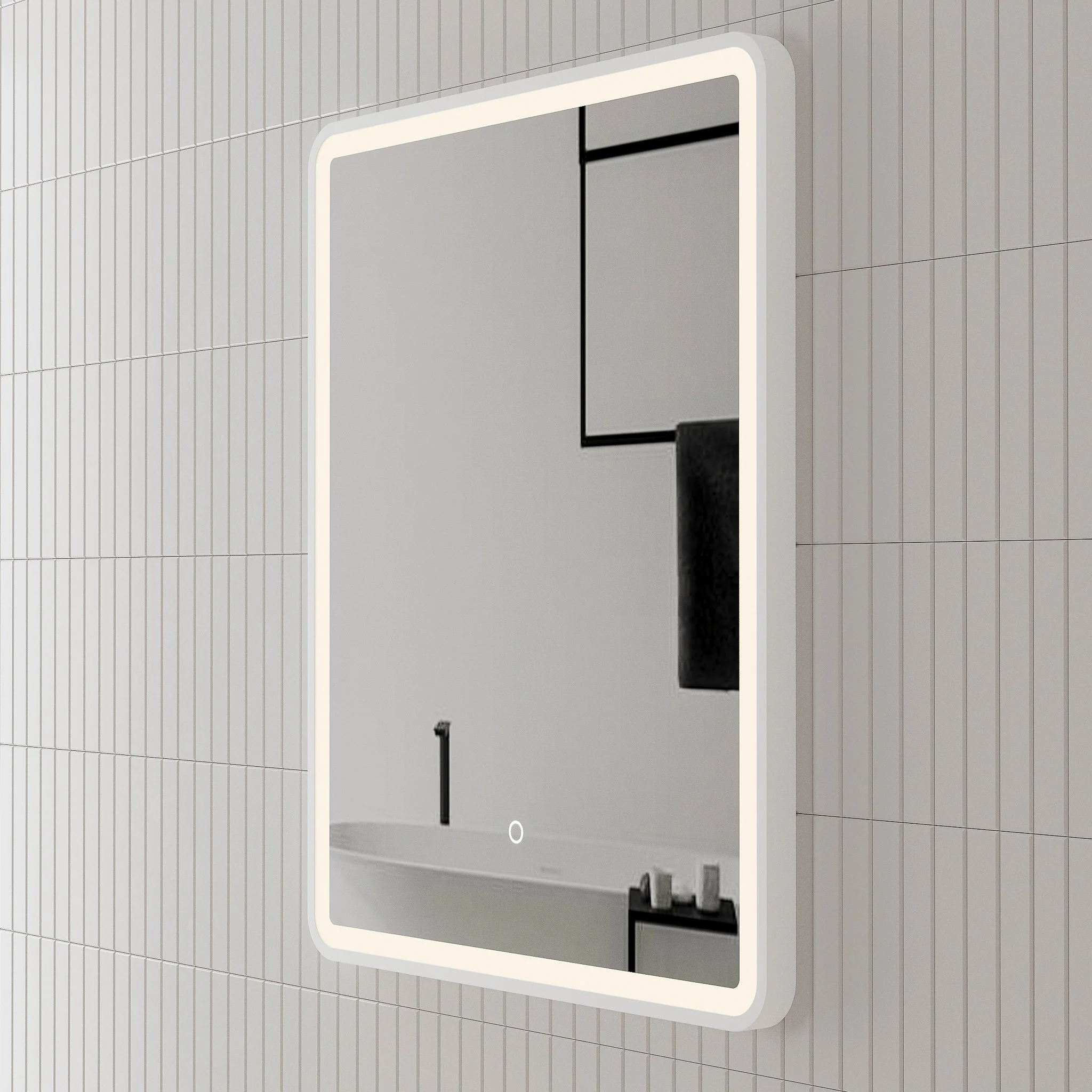 *Clearance* Retti Rectangular 600mm x 750mm Frontlit LED Framed Mirror with Demister, Matte White Frame - Image 7