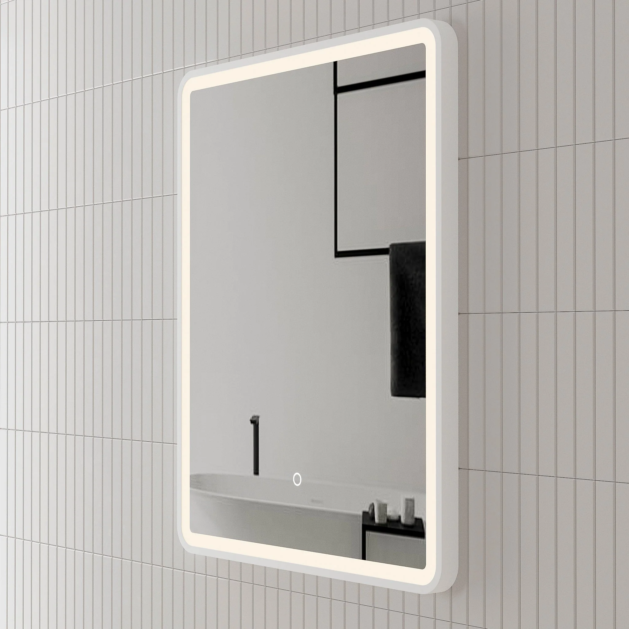 *Clearance* Retti Rectangular 750mm x 900mm Frontlit LED Framed Mirror with Demister, Matte White Frame - Image 7