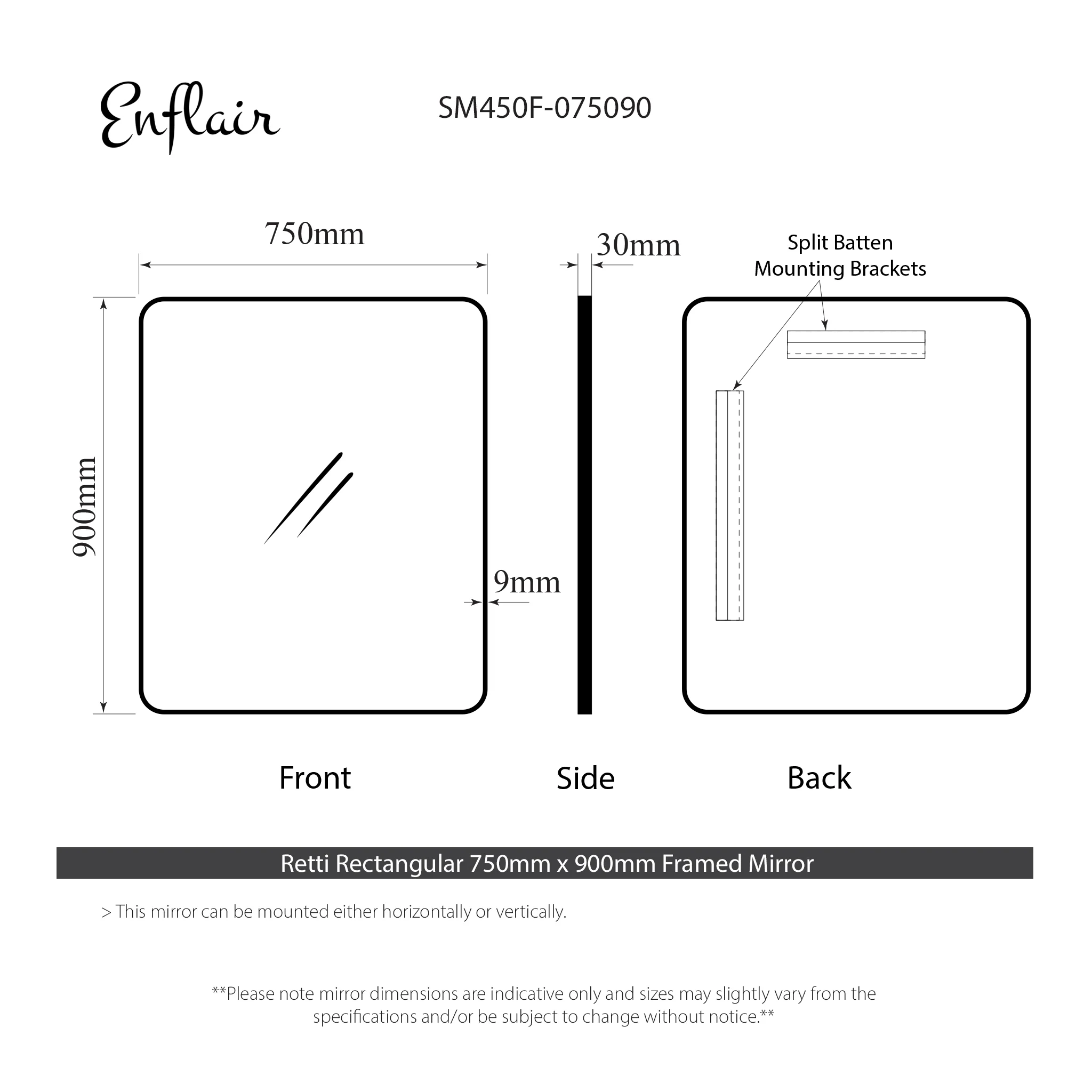 Retti Rectangular 750mm x 900mm Framed Mirror, Brushed Gunmetal Frame - Image 3