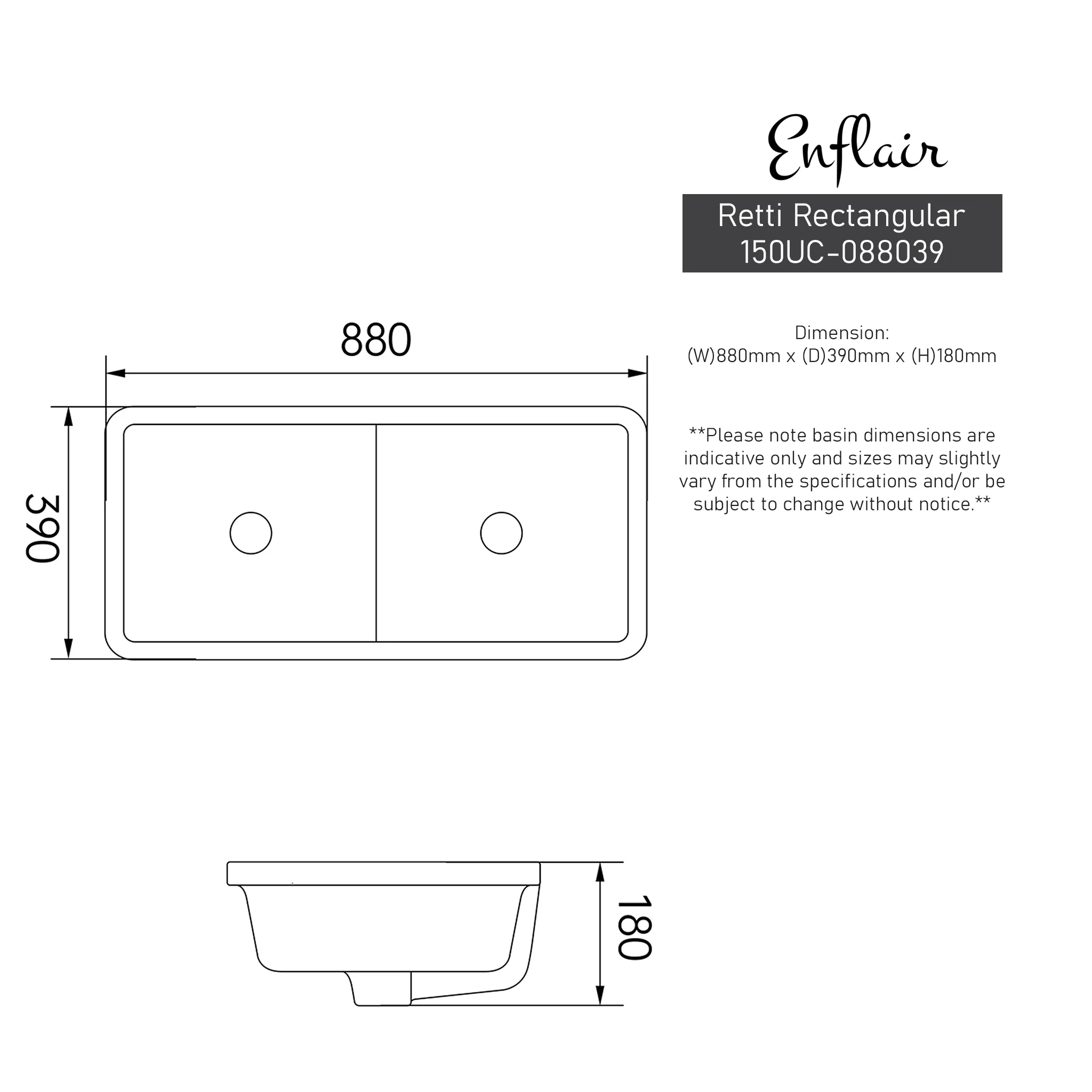 Retti Rectangular 880mm x 390mm Under-Counter Basin with Double Sink and Overflow, Gloss White - Image 9