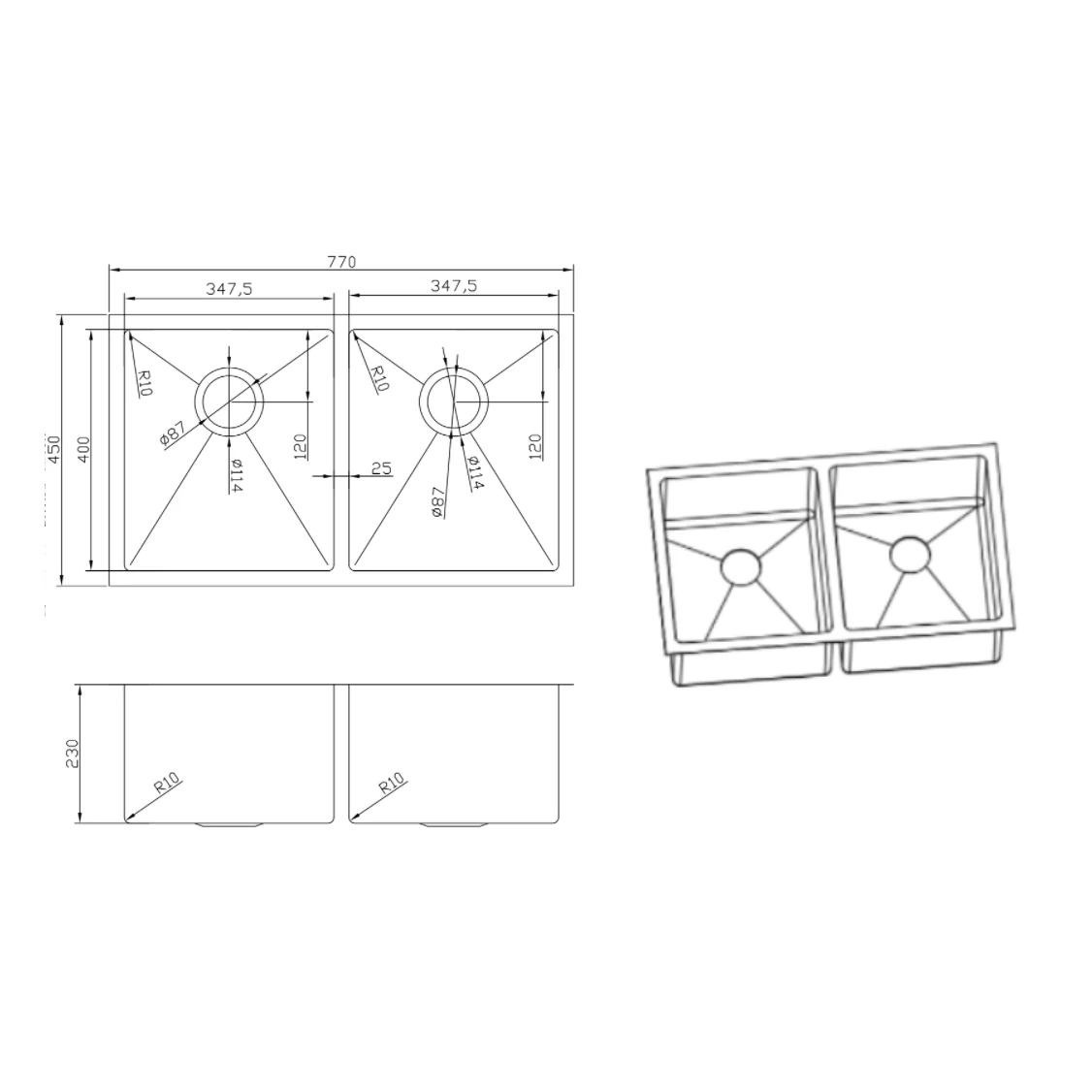 Retto 770mm x 450mm x 230mm Stainless Steel Double Sink | Brushed Nickel | - Image 5