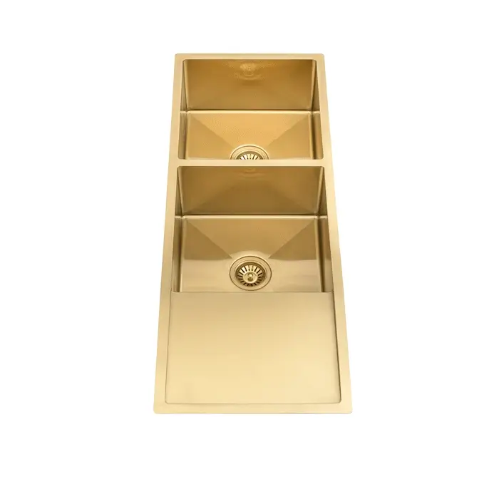 Retto II 1190mm x 450mm x 230mm Stainless Steel Double Sink with Drainer, Brushed Brass Gold - Image 3