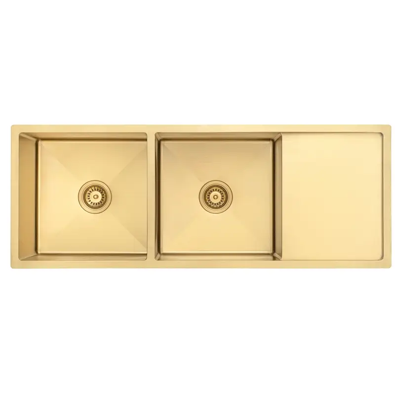 Retto II 1190mm x 450mm x 230mm Stainless Steel Double Sink with Drainer, Brushed Brass Gold - Image 7