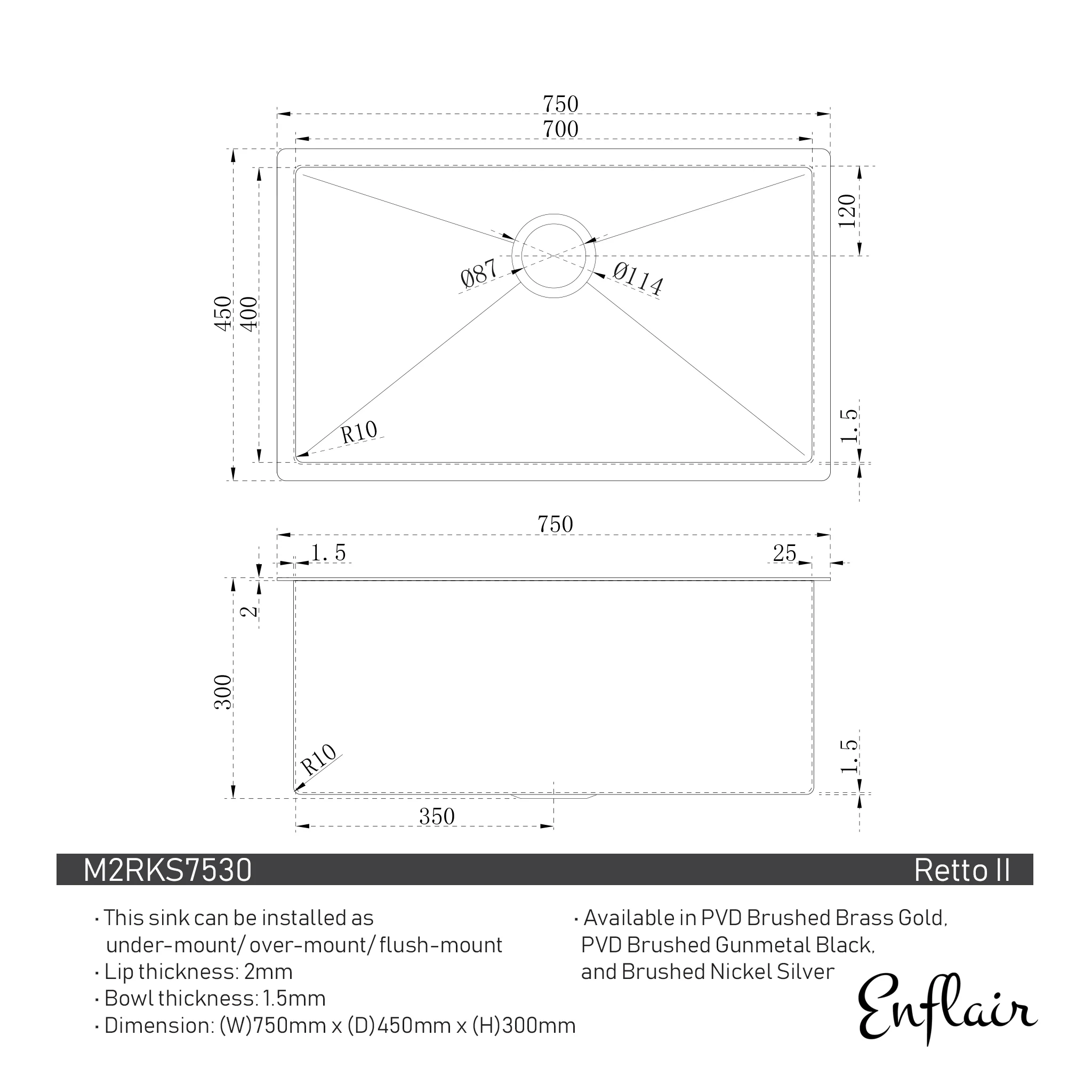Retto II 750mm x 450mm x 300mm Extra Height Stainless Steel Sink, Brushed SS Nickel - Image 9