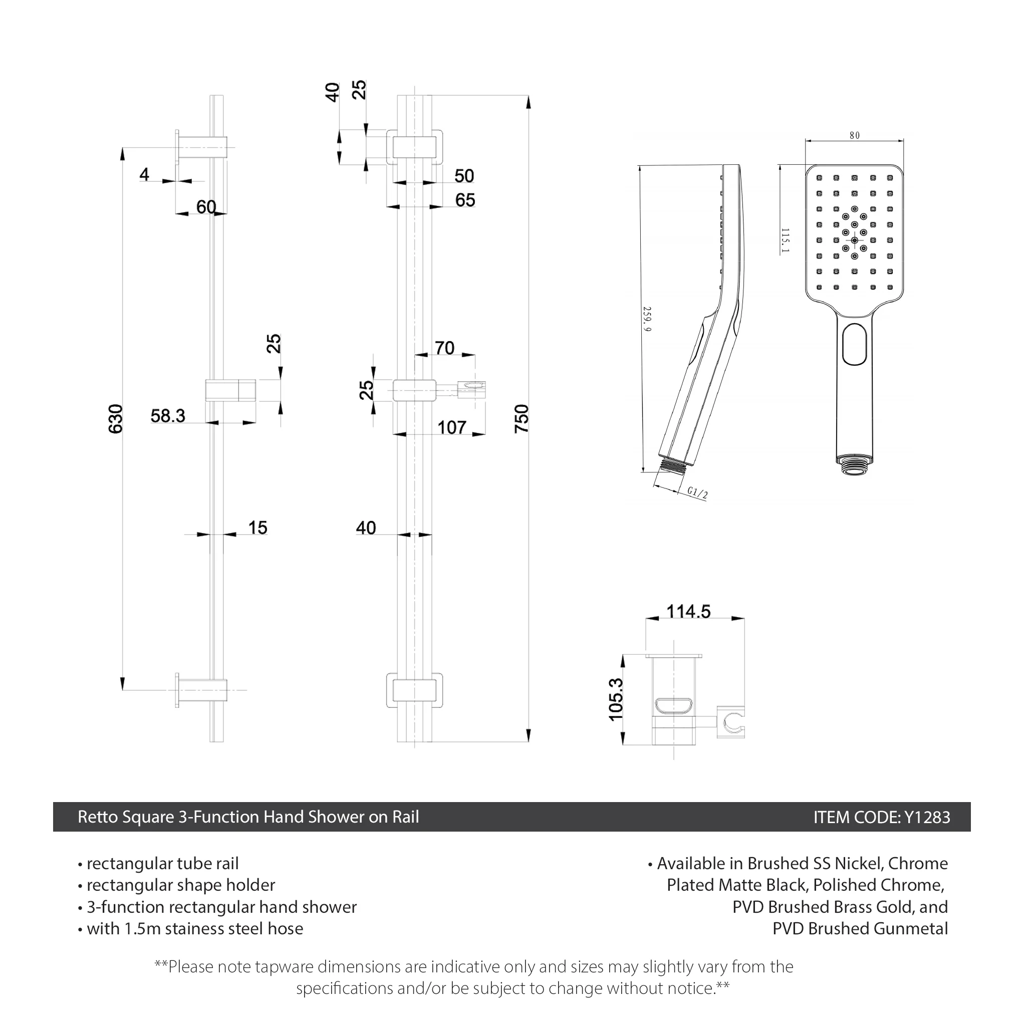 Retto Square 3-Function Hand Shower on Rail, Brushed Brass - Image 6
